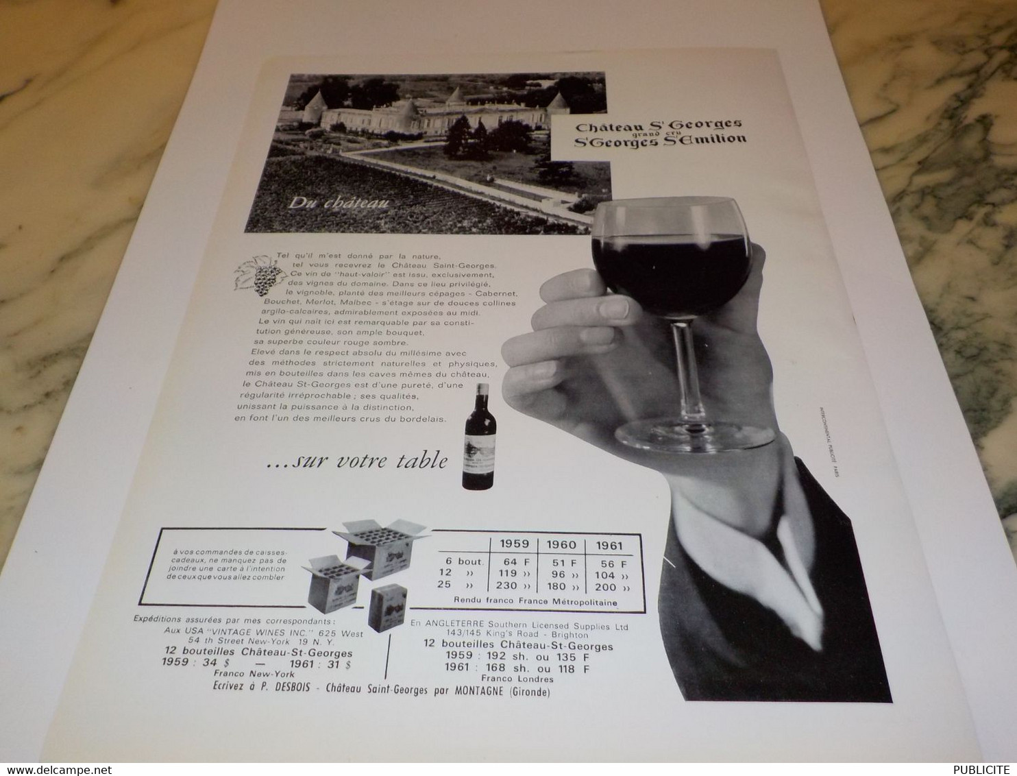 ANCIENNE PUBLICITE VIN CHATEAU ST GEORGE ST EMILION  1963 - Alcools