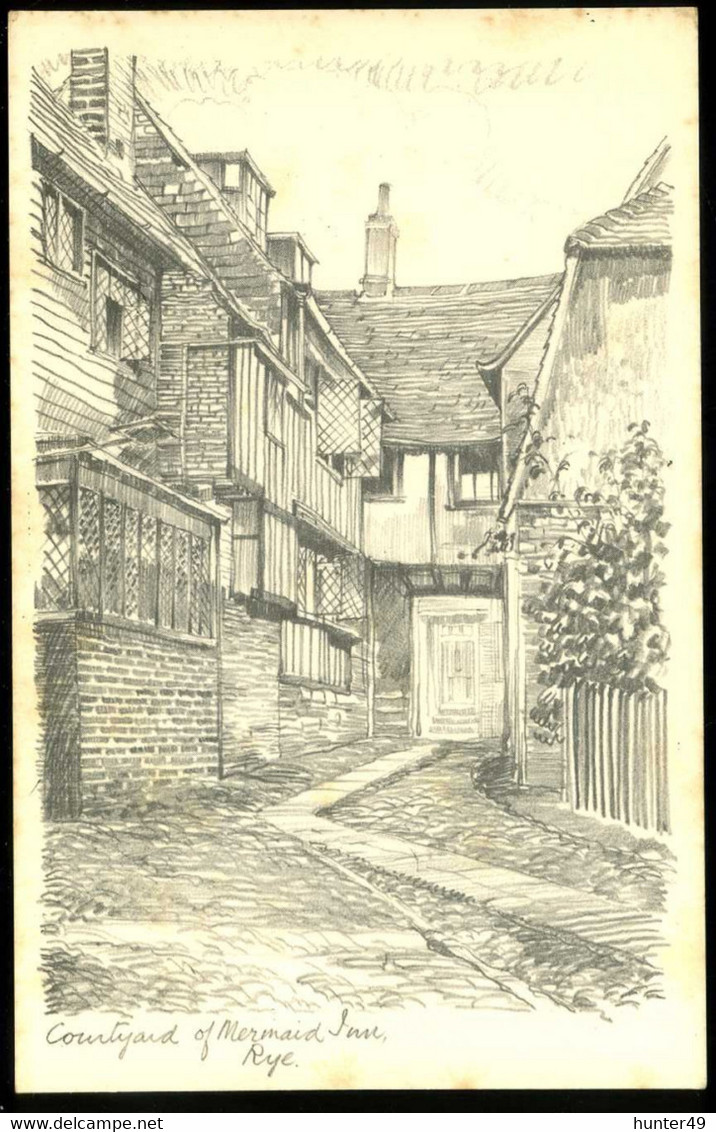 Rye Courtyard Of Mermaid Inn Pencil Sketch Postcard - Rye