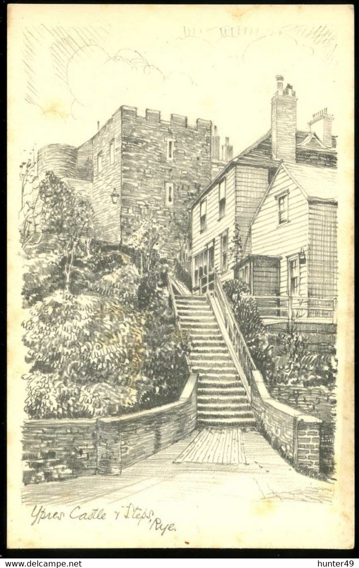 Rye Ypres Castle & Steps Pencil Sketch Postcard - Rye