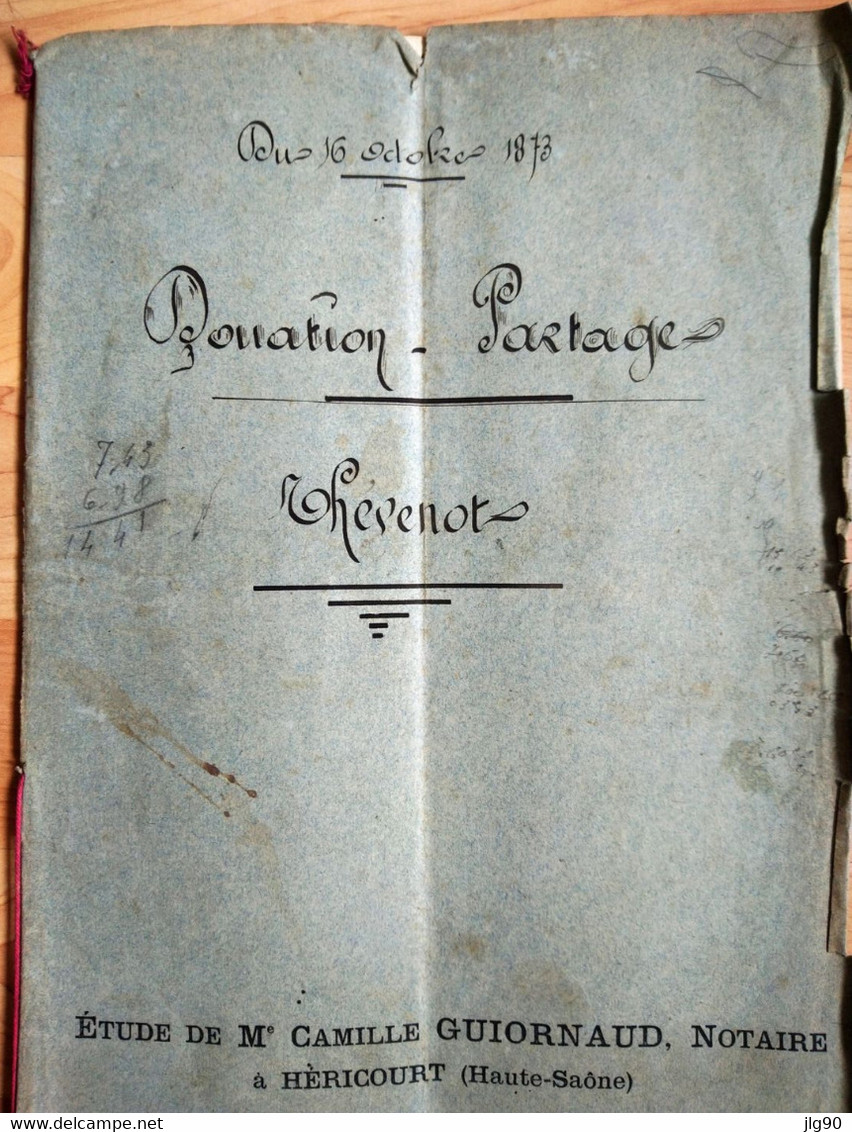 Acte Notarié, Donation-Partage THEVENOT Du 16/10/1873 à HERICOURT - Sin Clasificación