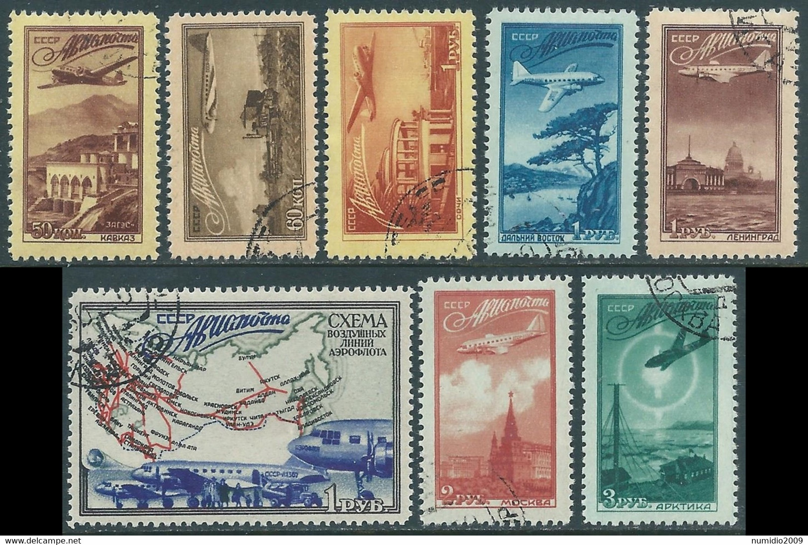 1949 RUSSIA POSTA AEREA USATO AEREI IN VOLO E VEDUTE 8 VALORI - SV3-4 - Used Stamps