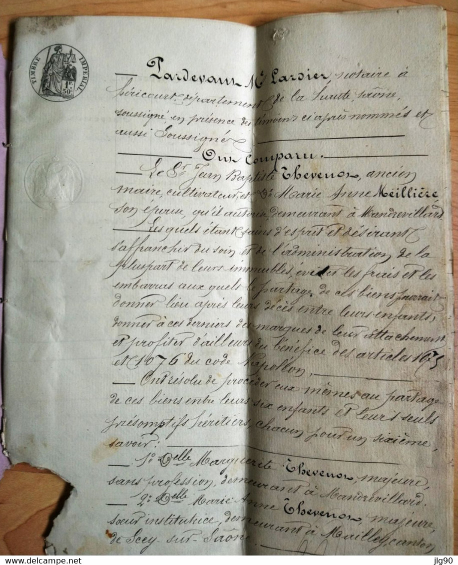 Acte Notarié, Donation-Partage Famille THEVENOT De MANDREVILLARS Du 29/02/1868 à HERICOURT - Non Classés