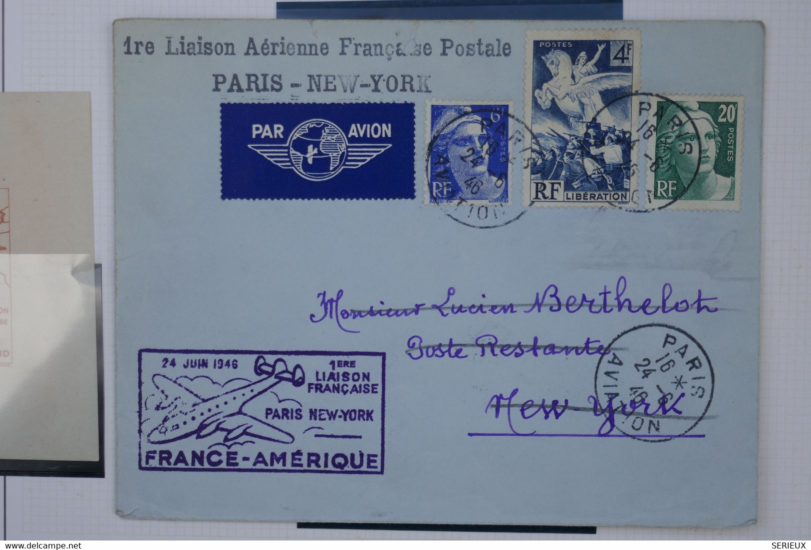 C1 FRANCE BELLE LETTRE 1946 1ERE LIAISON PARIS NEW YORK USA  ++AIR FRANCE+ AFFRANCH. PLAISANT - 1960-.... Briefe & Dokumente