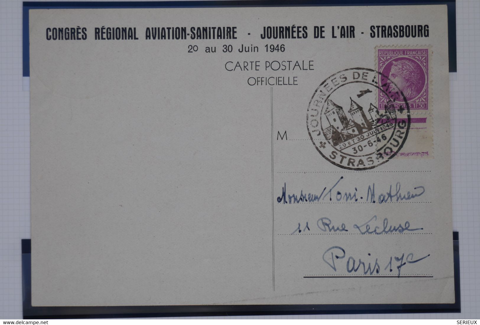 C1 FRANCE BELLE LETTRE 1946 JOURNEE DE L AIR  STRASBOURG POUR PARIS +++ AFFRANCH. PLAISANT - 1960-.... Lettres & Documents