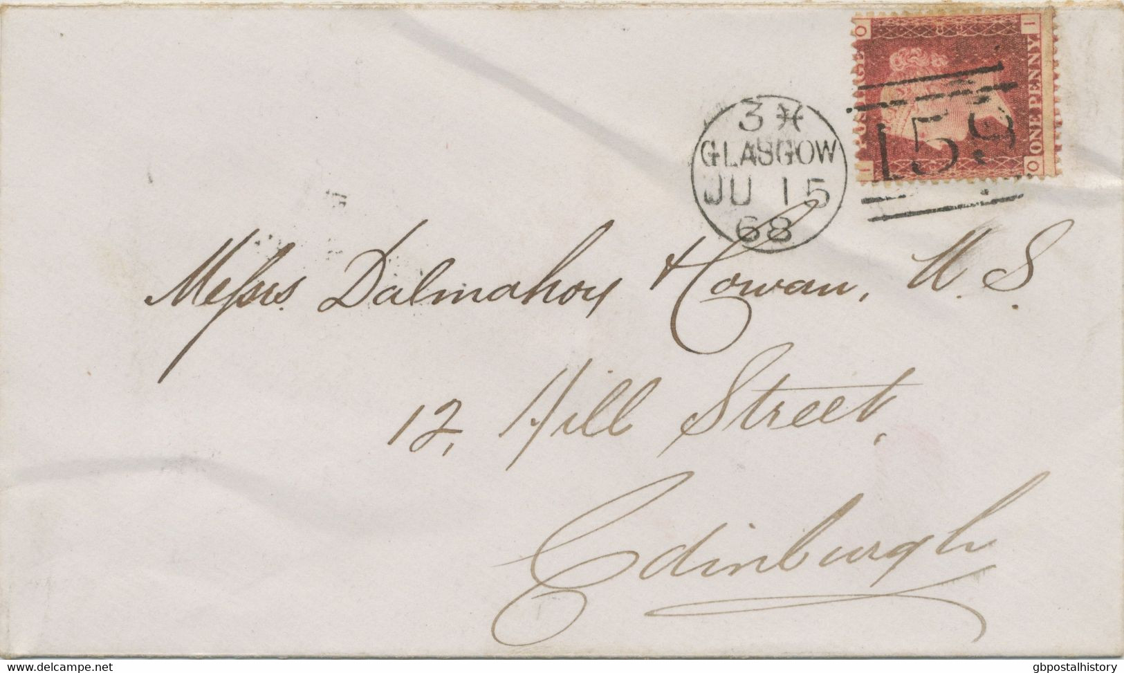 GB „159 / GLASGOW“ Scottish Duplex (4 THIN Bars With Different Length, Time Code „3 Ӂ “, Datepart 18mm) Very Fine Cover - Covers & Documents