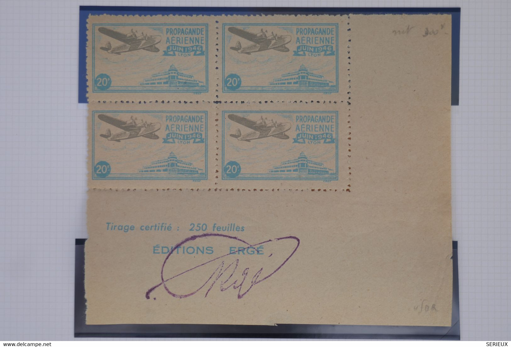 C1 FRANCE BELLE VIGNETTE BLOC  FEUILLE  CERTIFIEE ERGé 1946 PROPAGANDE AERIENNE  ++PAS COURANT - Aviation