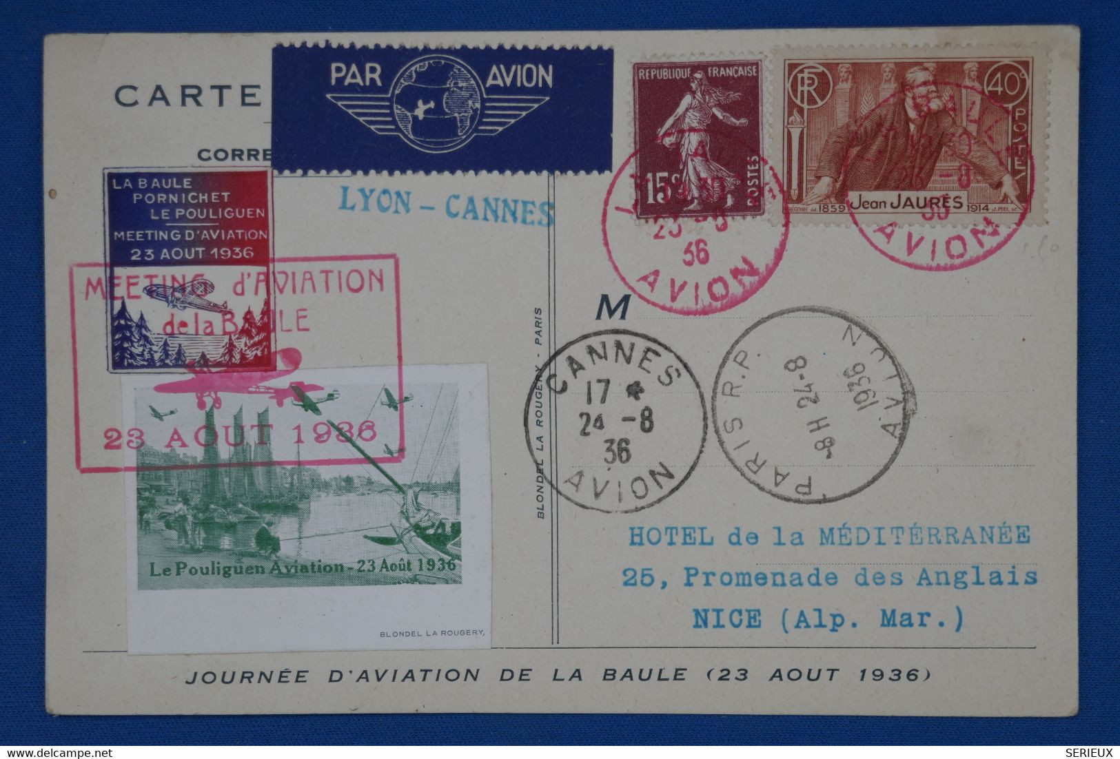 C1 FRANCE BELLE  LETTRE  1936 MEETING LA BAULE POUR NICE  +VIGNETTE+CACHETS ROUGES + AFFRANCH. PLAISANT - 1960-.... Brieven & Documenten