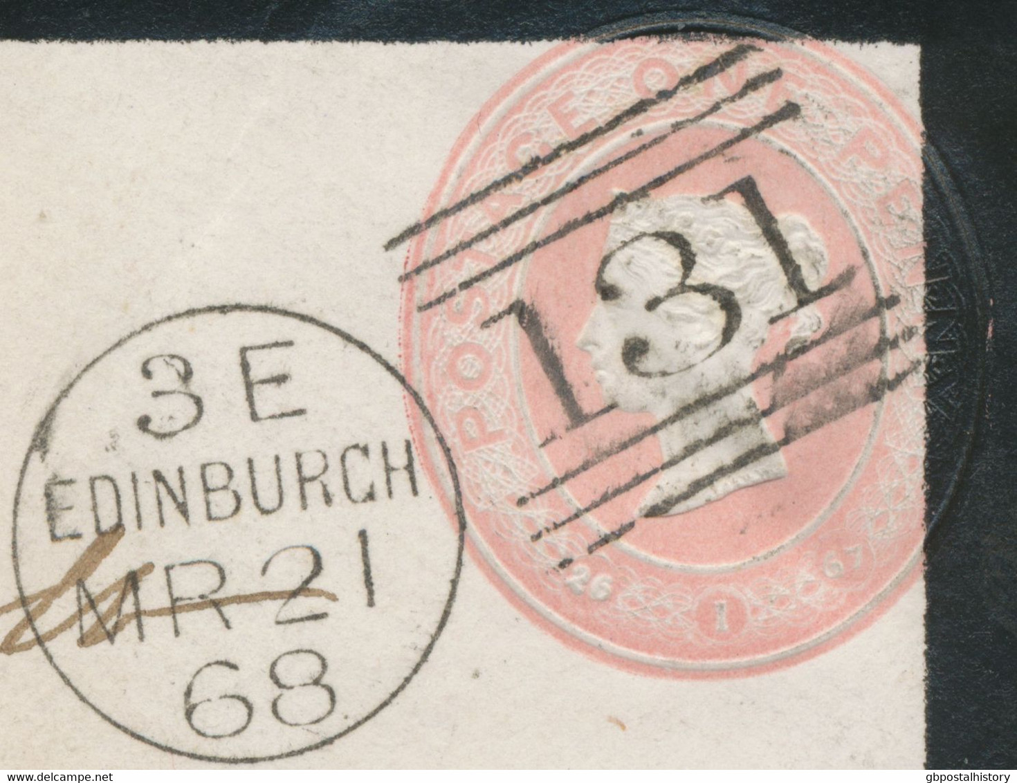 GB „131 / EDINBURGH“ Scottish Duplex Postmark (between 3 Thin Bars, Same Lenght) On VF Rare QV 1 D Pink Stamped To Order - Brieven En Documenten