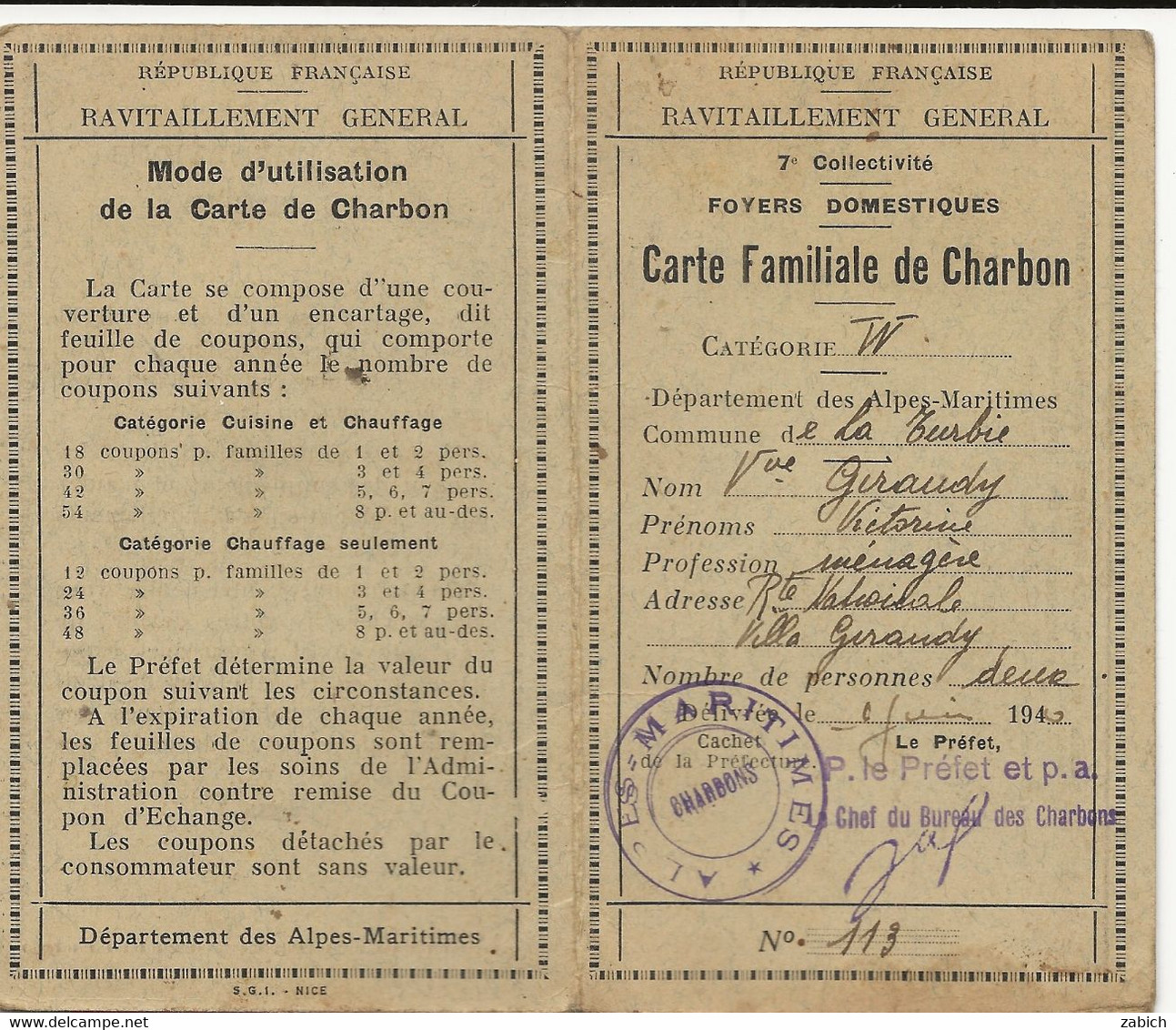 FRANCE  RAVITAILLEMENT CARTE DE CHARBION 1942 LA TURBIE 06 AVEC 2 FEUILLES DE COUPONS - Non Classificati