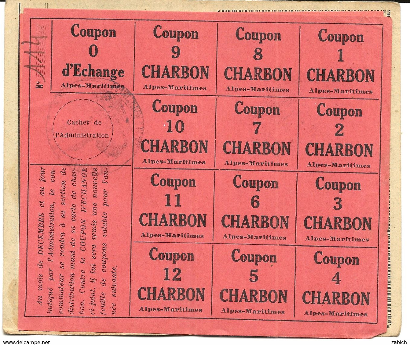 FRANCE  RAVITAILLEMENT CARTE DE CHARBION 1942 LA TURBIE 06 AVEC 2 FEUILLES DE COUPONS - Sin Clasificación