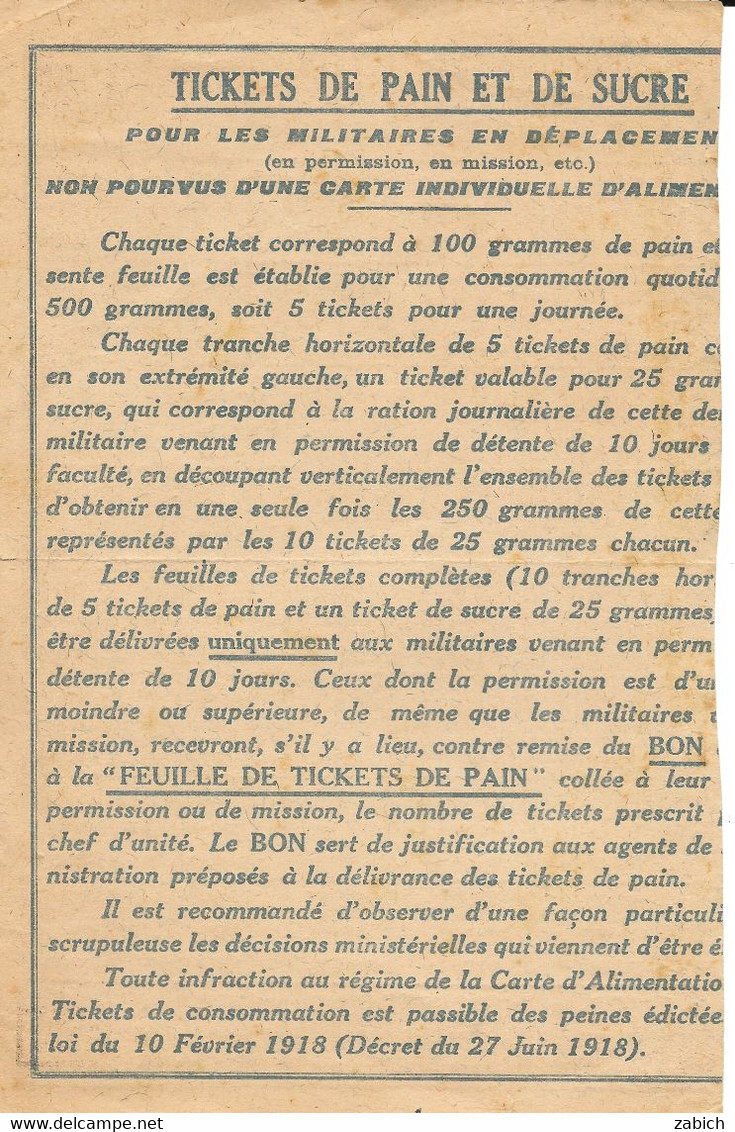 FRANCE  RAVITAILLEMENT 1918 CARTE DE PAIN POUR MILITAIRES EN PERMISSION - Unclassified