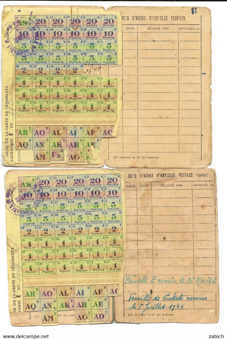 FRANCE  RAVITAILLEMENT  4 CARTES DE TEXTILES 1942 DOMBASLE MOSELLE AVEC   COUPONS - Ohne Zuordnung