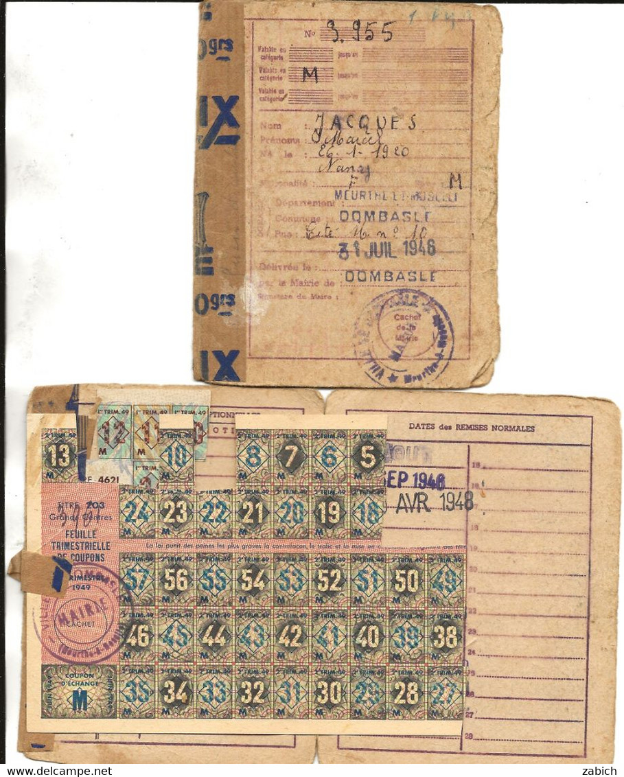 FRANCE  RAVITAILLEMENT  4 CARTES D'ALIMENTATION 1946 DOMBASLE MOSELLE AVEC   COUPONS - Ohne Zuordnung