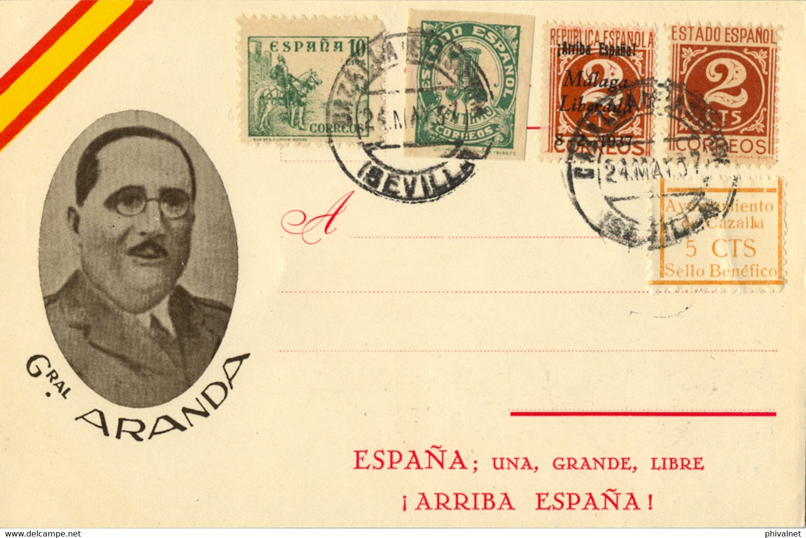 1937 T.P. PATRIÓTICA , MAT, Y LOCAL DE CAZALLA DE LA SIERRA , PATRIÓTICOS , GENERAL ARANDA - Lettres & Documents