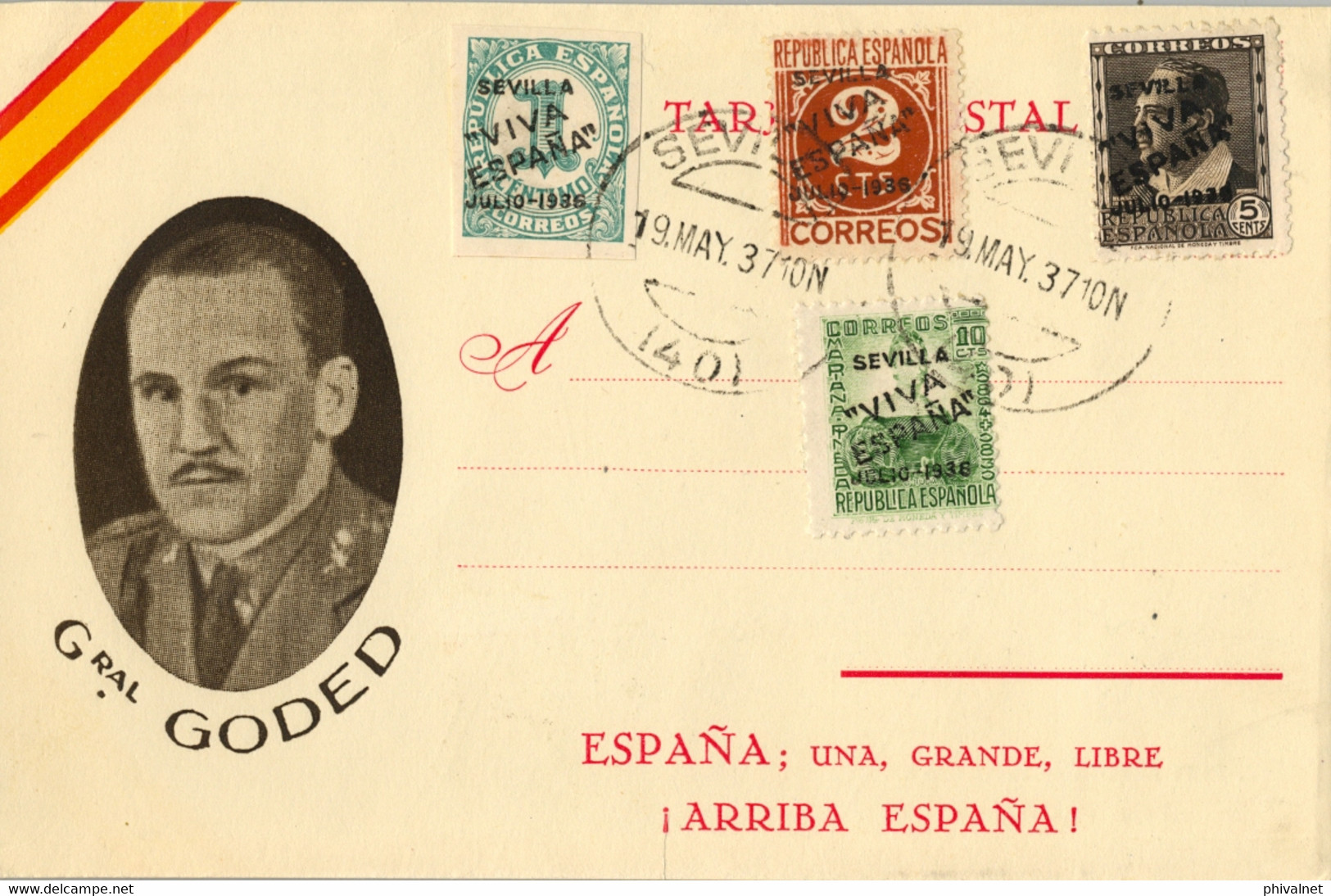 1937 T.P. PATRIÓTICA , MAT, Y PATRIÓTICOS DE SEVILLA , GENERAL GODED - Covers & Documents