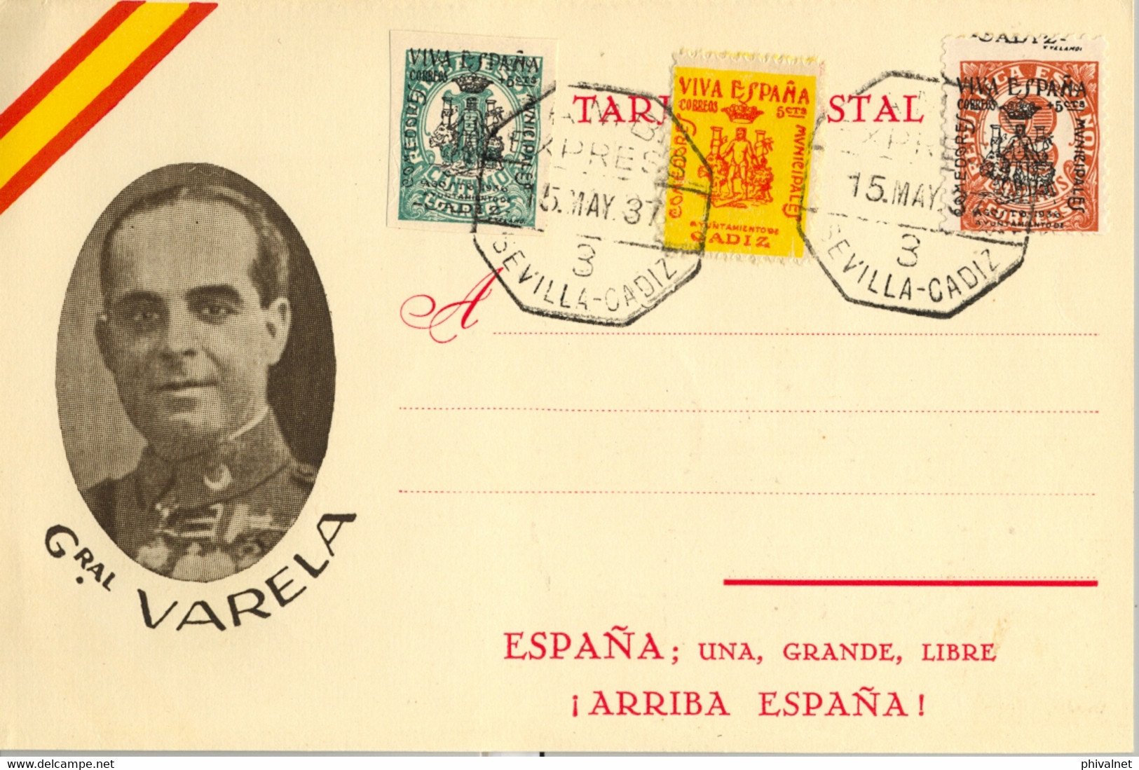 1937 T.P. PATRIÓTICA , MAT, AMBULANTE EXPRESS SEVILLA - CADIZ , PATRIÓTICOS DE CÁDIZ , GENERAL VARELA - Brieven En Documenten