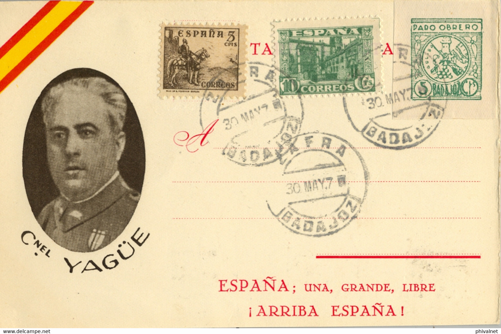 1937 T.P. PATRIÓTICA , MAT, DE ZAFRA , LOCAL PRO PARO OBRERO DE BADAJOZ , CORONEL YAGÜE - Briefe U. Dokumente