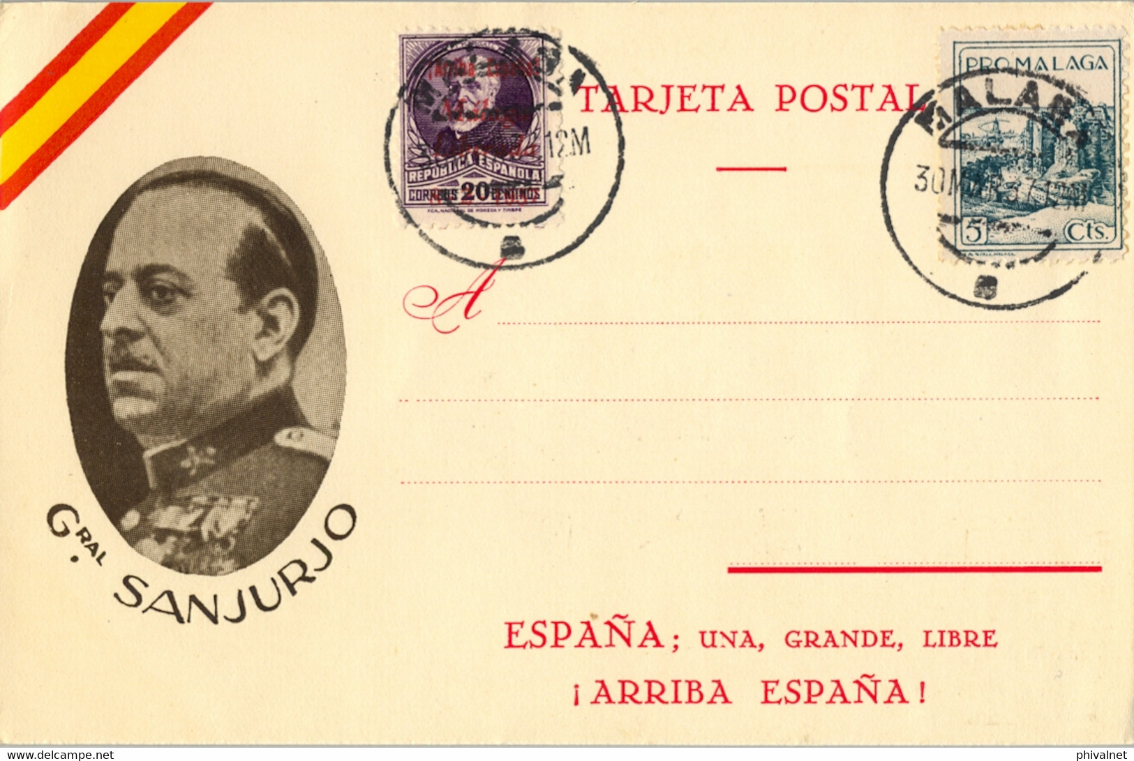 1937 T.P. PATRIÓTICA , MAT, DE MÁLAGA , SELLO PRO MÁLAGA , GENERAL SANJURJO - Covers & Documents