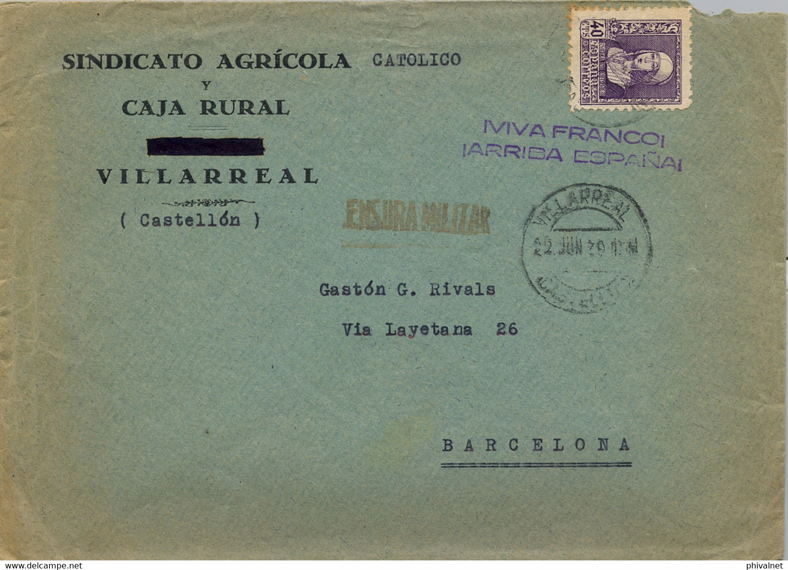 1939 CASTELLÓN , VILLARREAL - BARCELONA , SOBRE DEL SINDICATO AGRÍCOLA , CATÓLICO Y CAJA RURAL , CENSURA MILITAR - Brieven En Documenten