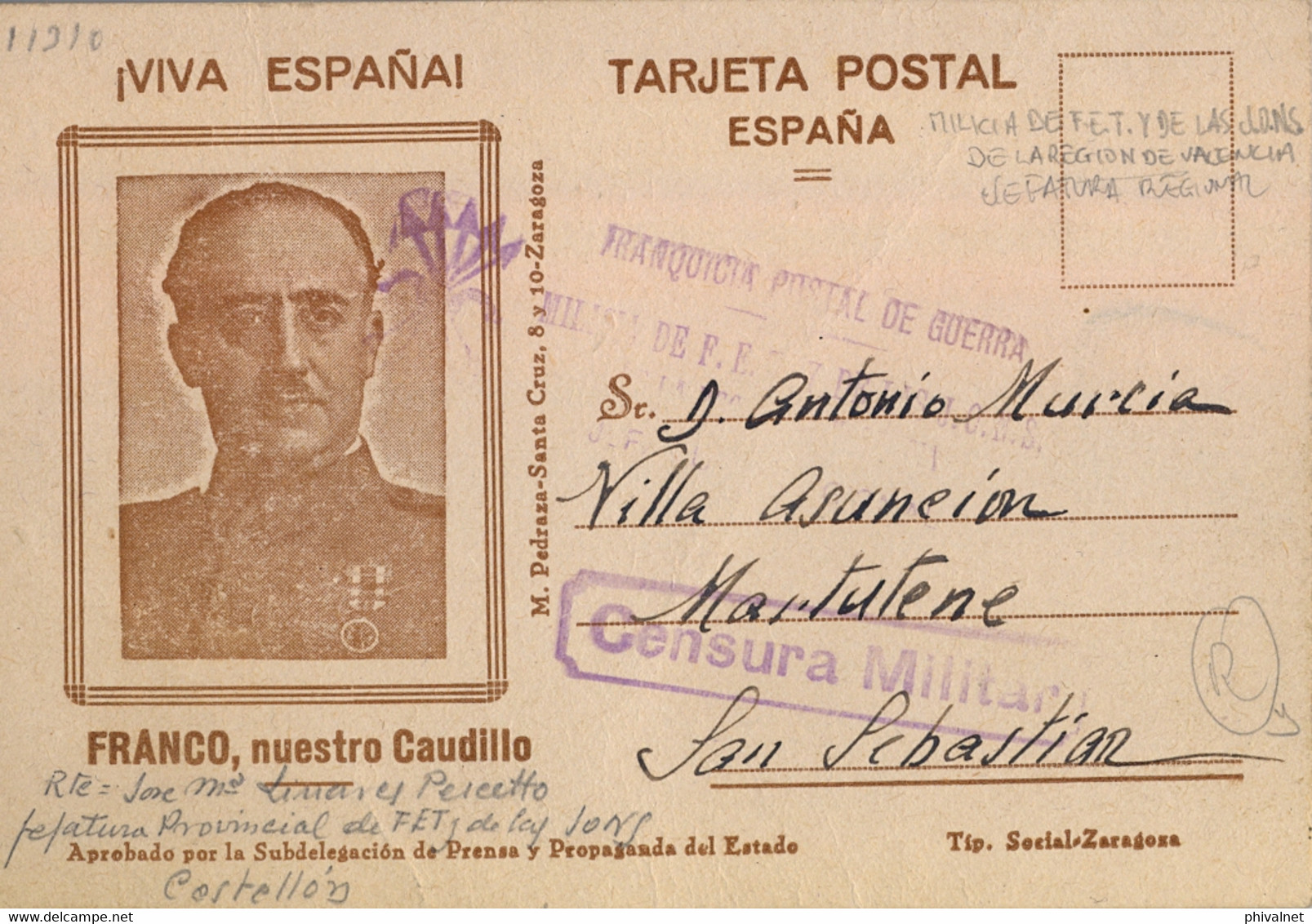 1938 CASTELLÓN , T.P. PATRIÓTICA , CENSURA MILITAR , FRANQUICIA POSTAL DE GUERRA , MILICIA DE FALANGE , JEFATURA PROV. - Brieven En Documenten