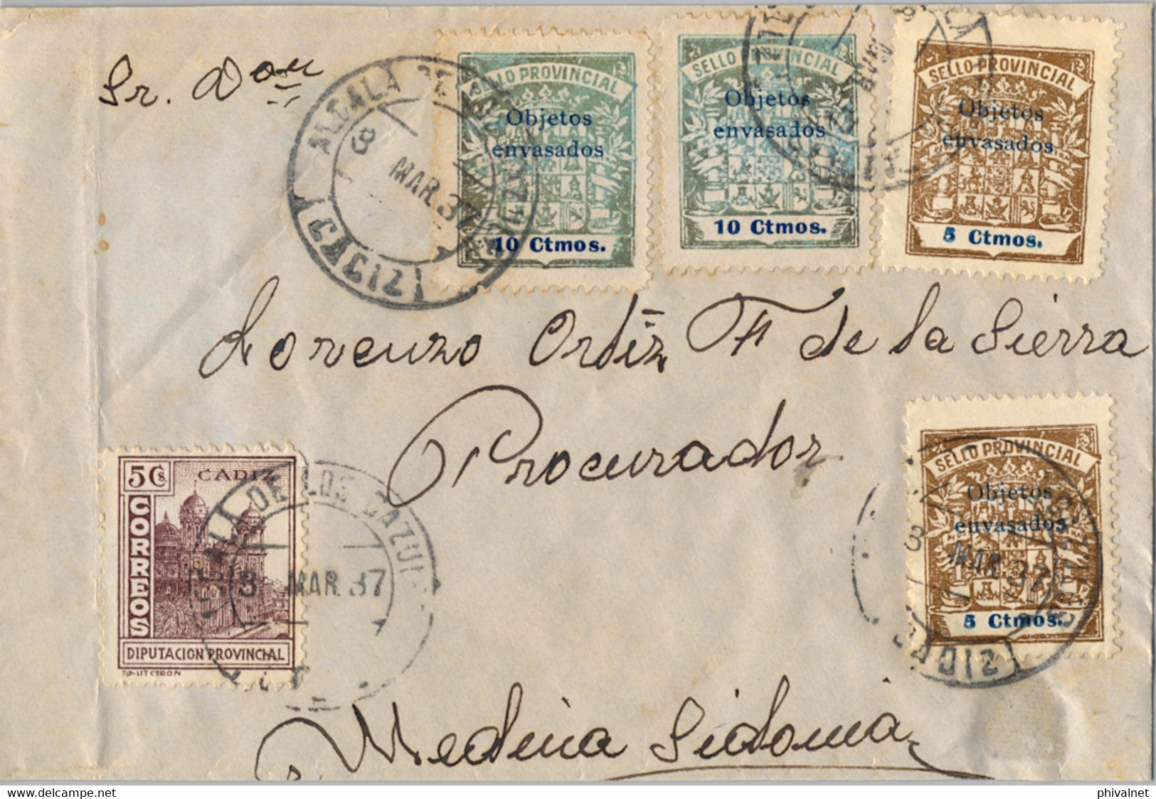 1937 CÁDIZ , SOBRE CIRCULADO ENTRE ALCALÁ DE LOS GAZULES Y MEDINA SIDONIA , LOCAL DIPUTACIÓN PROVINCIAL , FISCALES , HAB - Lettres & Documents