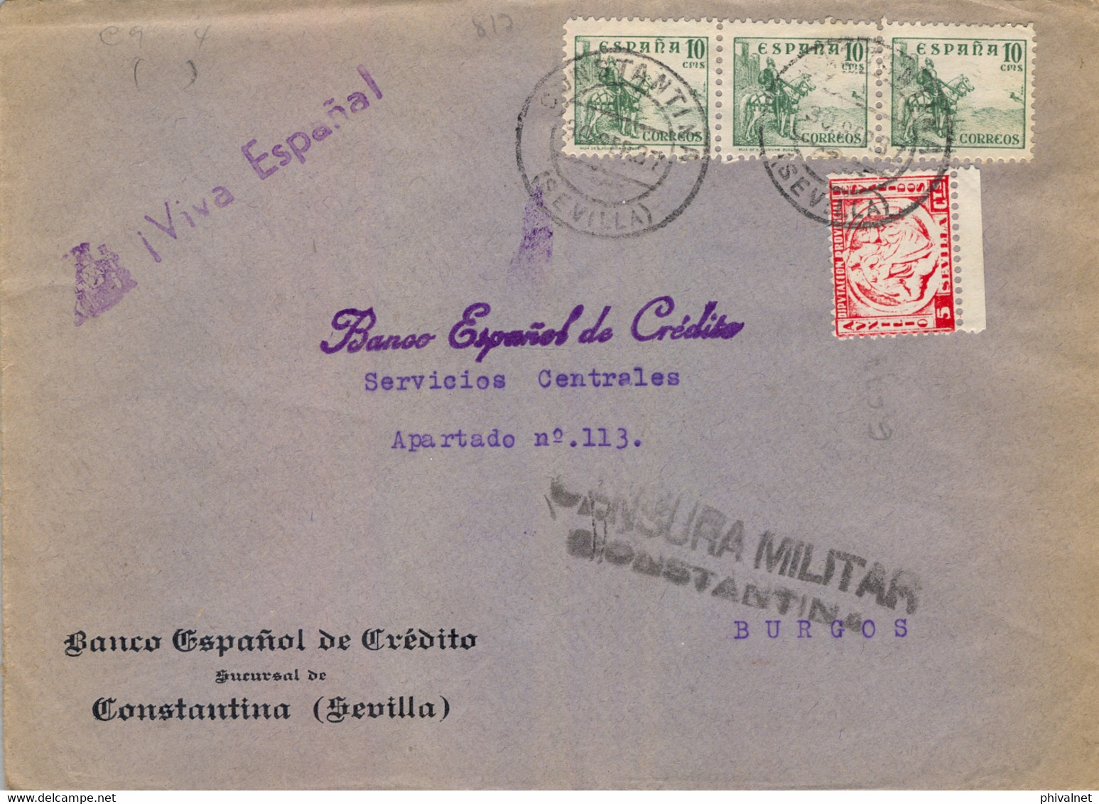 1937 , SOBRE DEL BANCO ESPAÑOL DE CRÉDITO DE CONSTANTINA CIRCULADO A BURGOS , LLEGADA , CENSURA MILITAR - Storia Postale