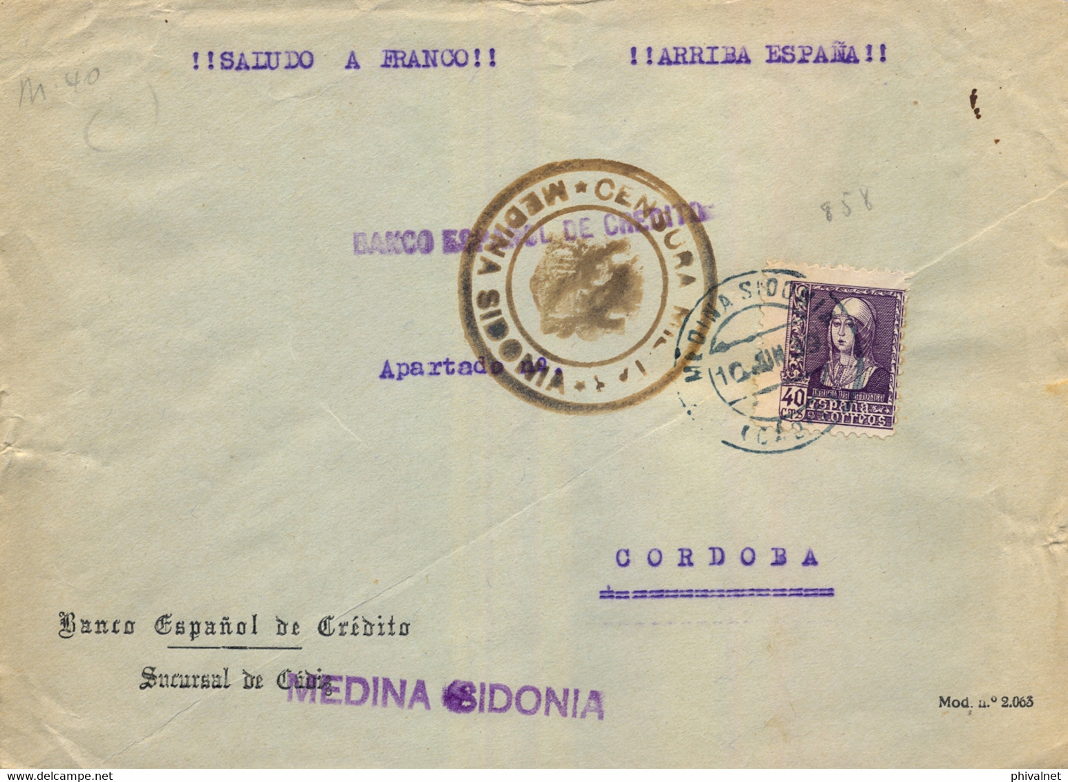 1939 , SOBRE DEL BANCO ESPAÑOL DE CRÉDITO DE MEDINA SIDONIA CIRCULADO A CÓRDOBA , CENSURA MILITAR - Covers & Documents