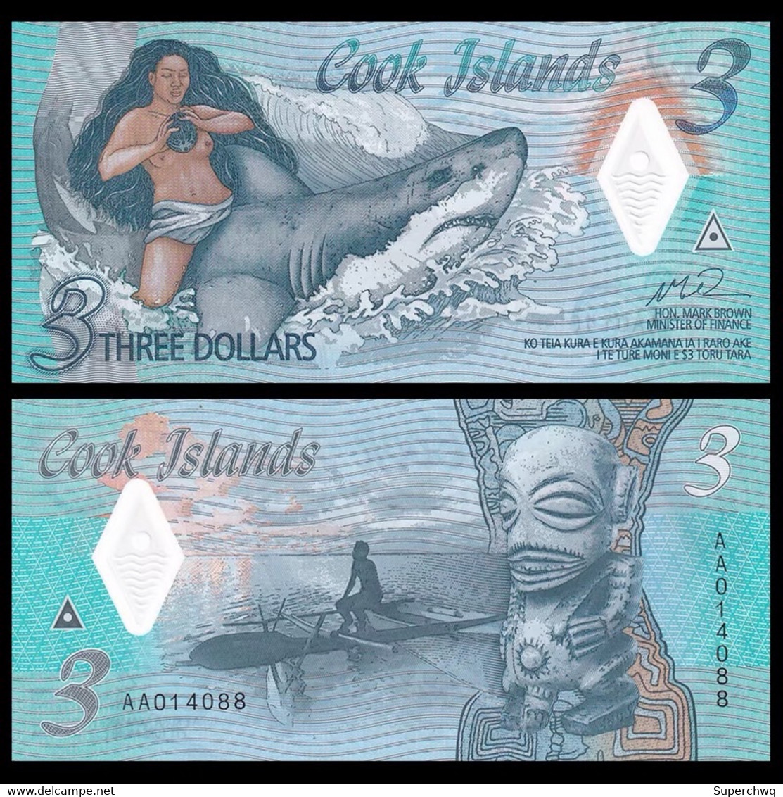 Cook Islands, 3 Yuan Plastic Banknote, 2021 Mermaid Banknote, UNC - Cook