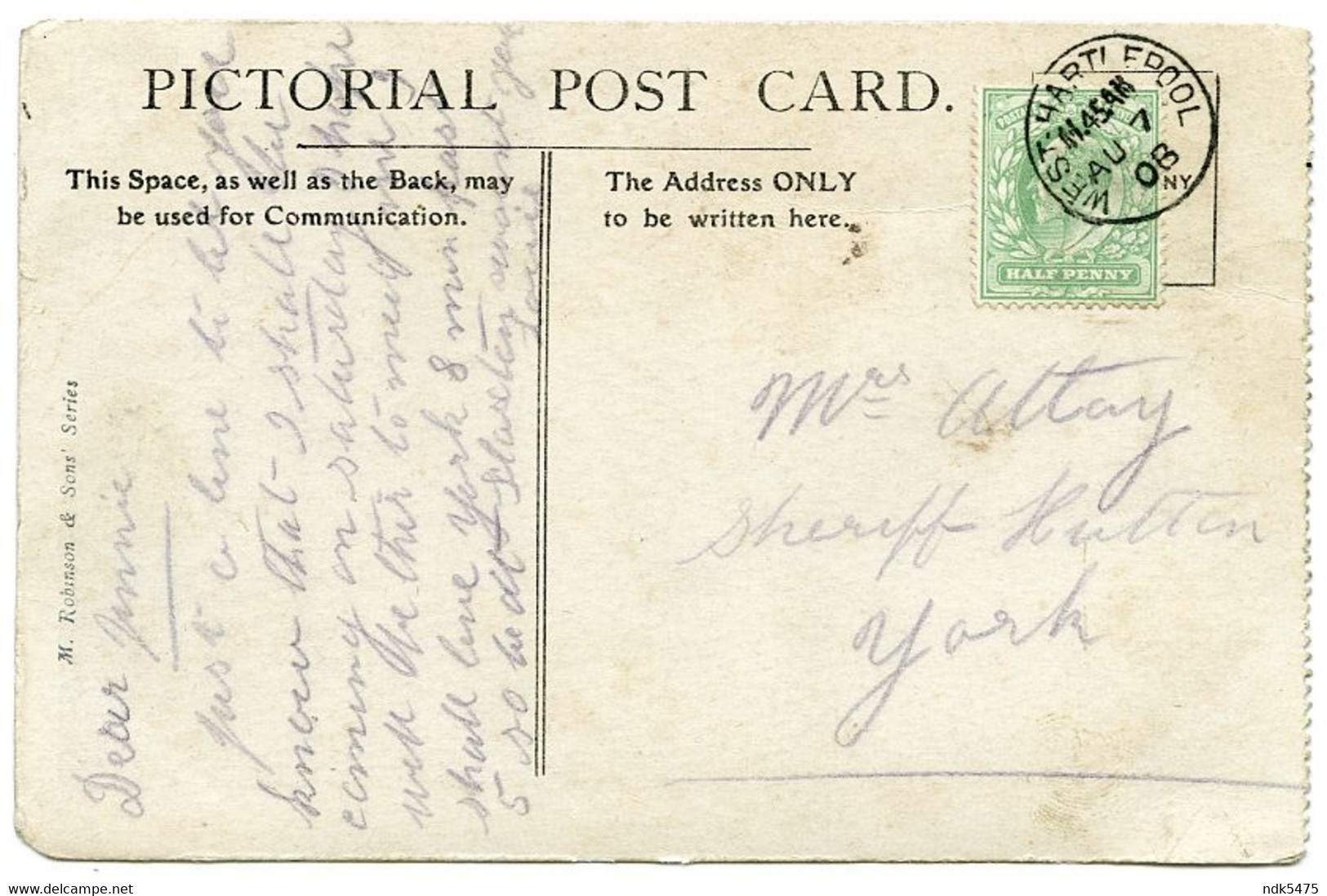 SEATON CAREW - PROMENADE / POSTMARK -  WEST HARTLEPOOL CDS / ADDRESS - YORK, SHERIFF HUTTON (UTLAY) - Hartlepool