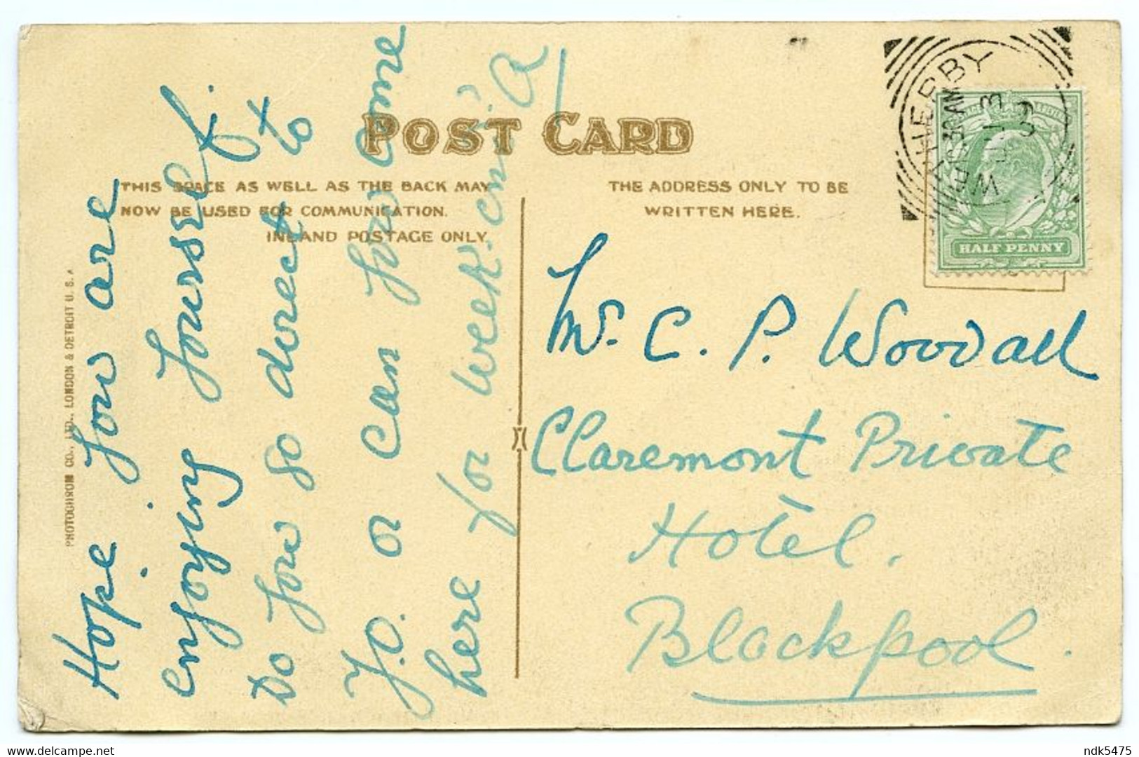 BOSTON SPA : BOAT HOUSE / POSTMARK - WETHERBY (SQUARE CIRCLE) / ADDRESS - BLACKPOOL, CLAREMONT HOTEL (WOODALL) - Leeds