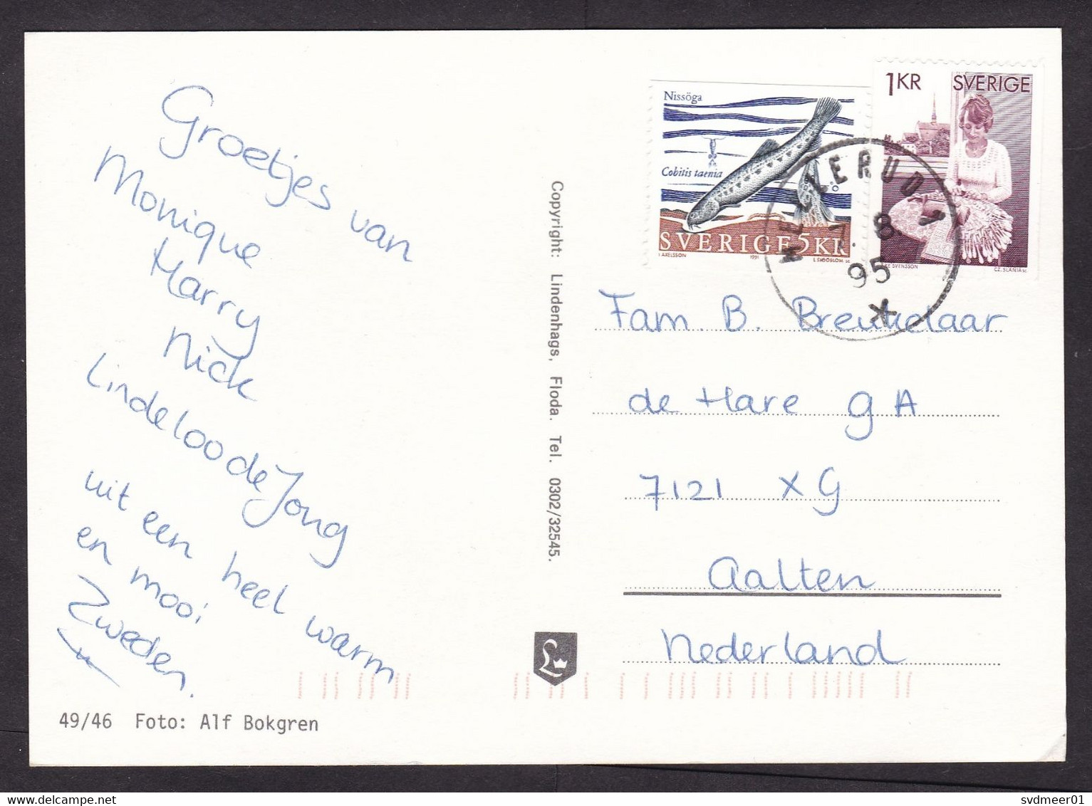 Sweden: Picture Postcard To Netherlands, 1995, 2 Stamps, Fish, Lady, Card: Dalsland (traces Of Use) - Lettres & Documents