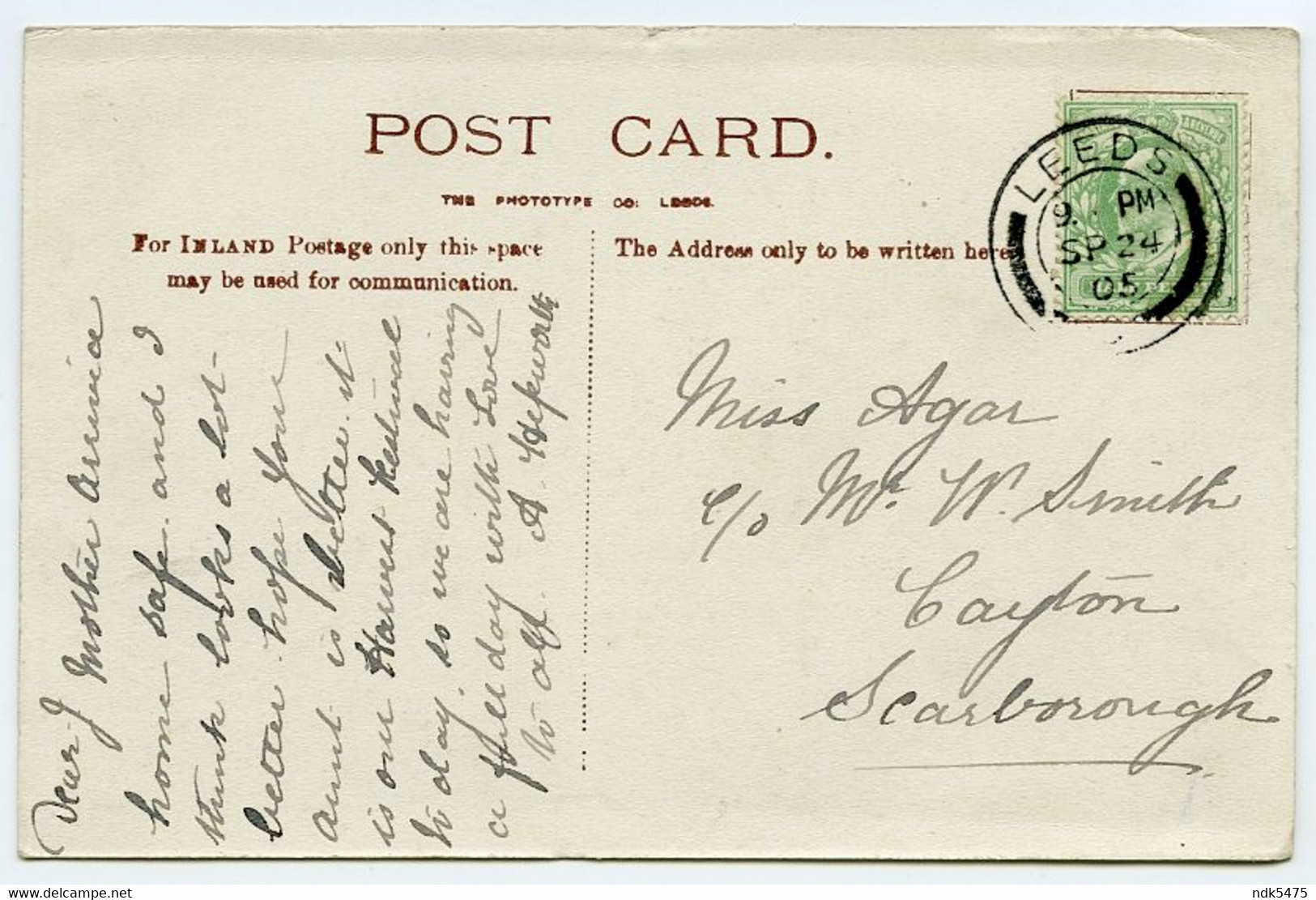 LEEDS : WOODHOUSE RIDGE / POSTMARK - LEEDS / ADDRESS - CAYTON, SCARBOROUGH (AGAR, SMITH) - Leeds