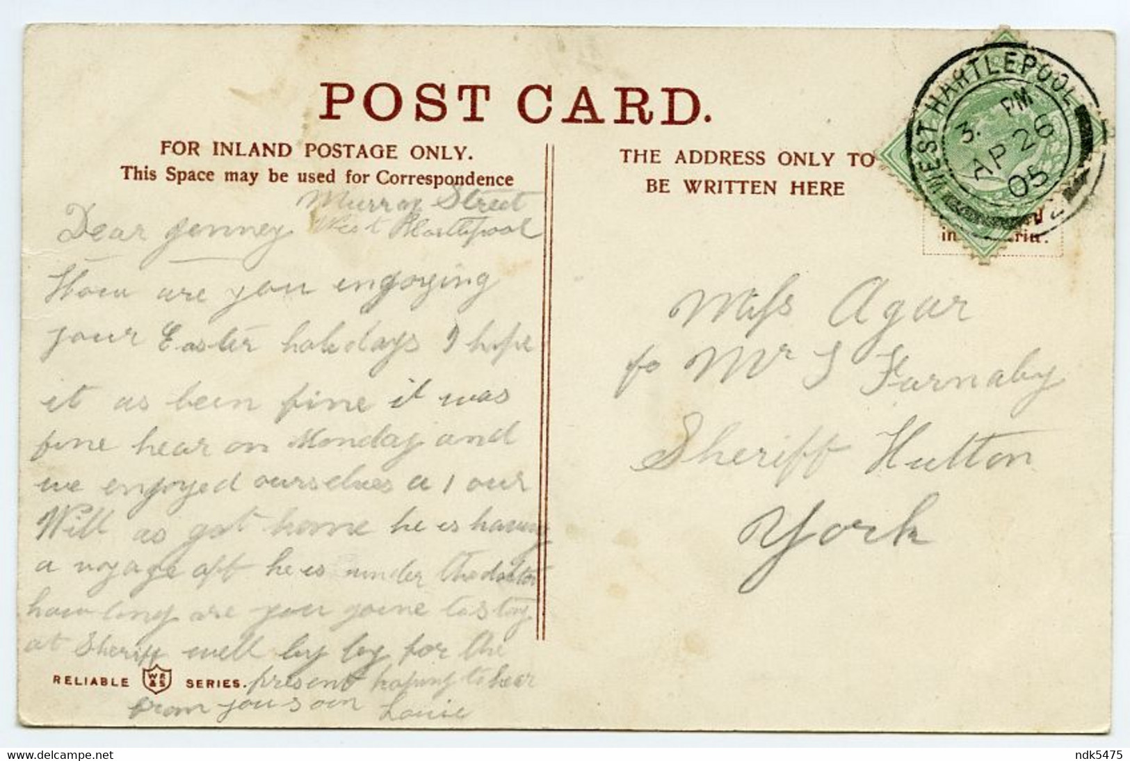 WEST HARTLEPOOL : WARD JACKSON'S PARK / POSTMARK / ADDRESS - YORK, SHERIFF HUTTON (FARNABY, AGAR) & MURRAY ST. - Hartlepool