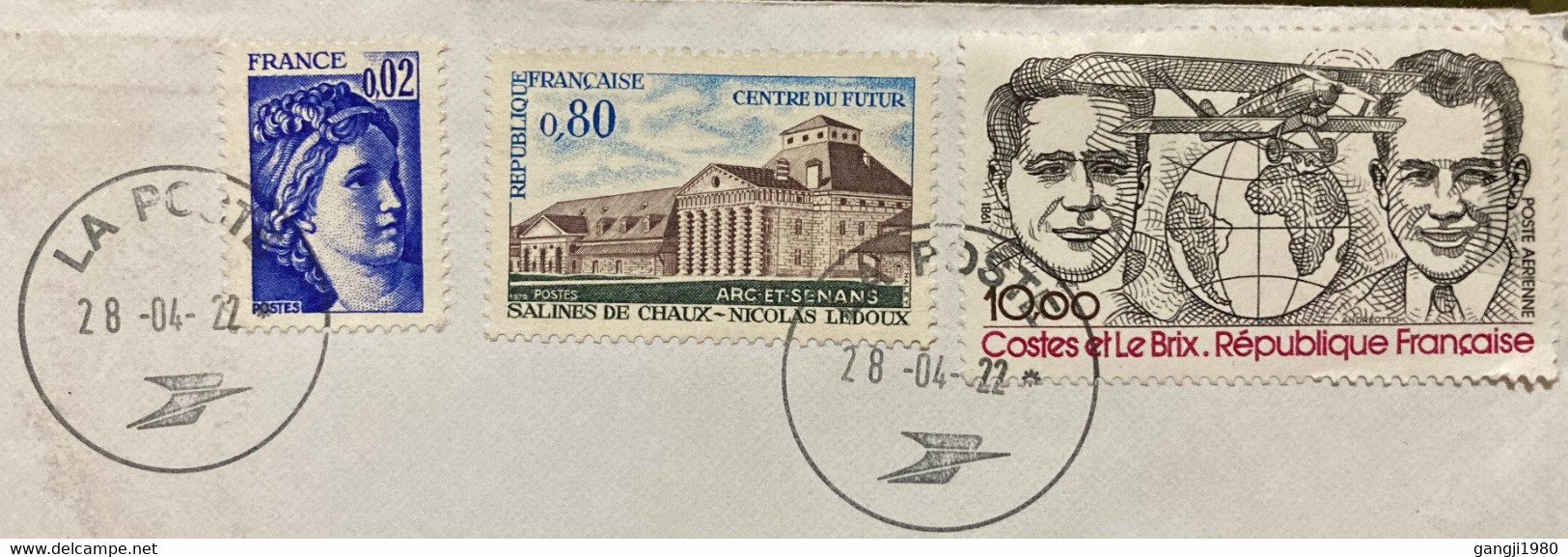 FRANCE 2022, QUEEN,AEROPLANE,GLOBE,BUILDING,ARCHITECTURE,3 STAMPS USED COVER TO INDIA - Covers & Documents