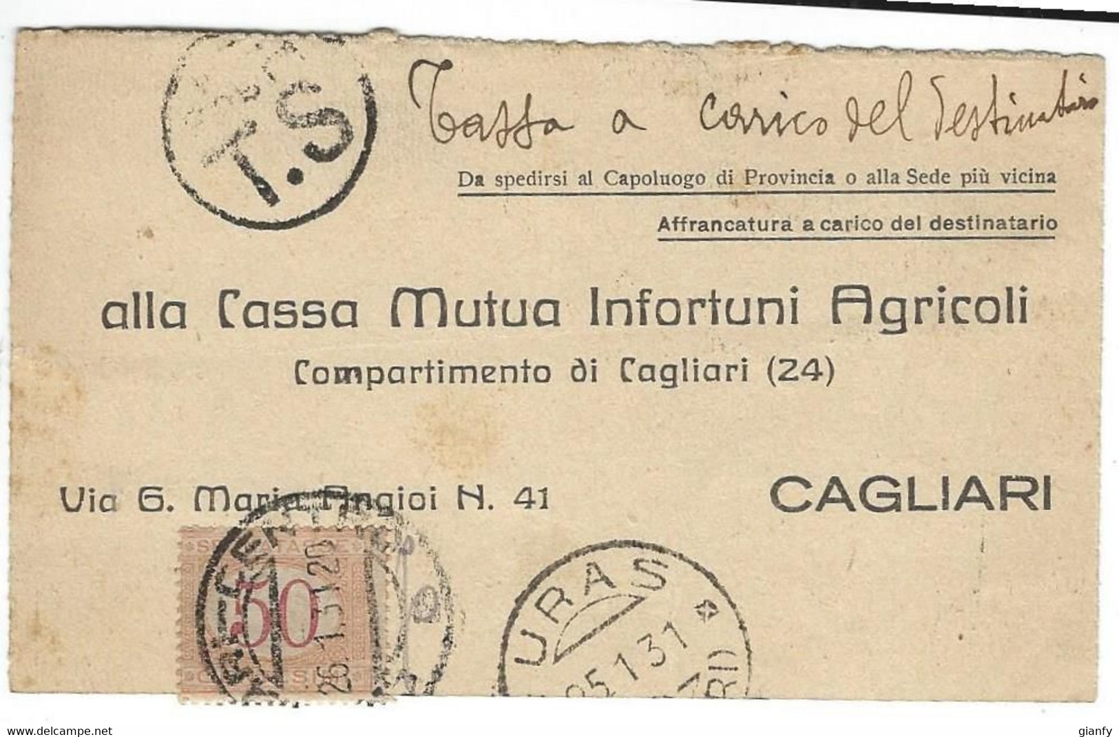 REGNO RICEVUTA CON SEGNATASSE 50 C 1931 URAS SARDEGNA X CAGLIARI MUTUA AGRICOLTORI - Segnatasse