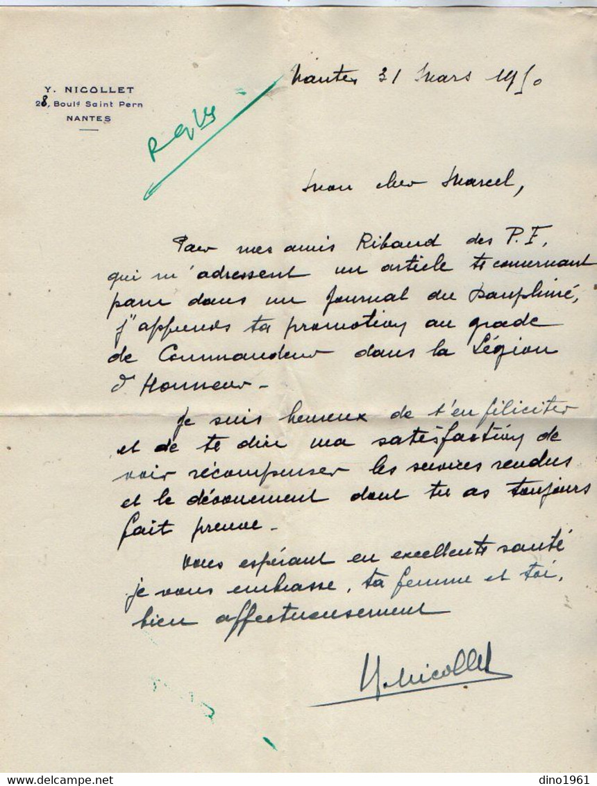 VP19.707 - 1950 - Lettre De Mr Y. NICOLLET à NANTES Pour Mr Marcel DELEON Nomination Commandeur De La Légion D'Honneur - Manuscrits