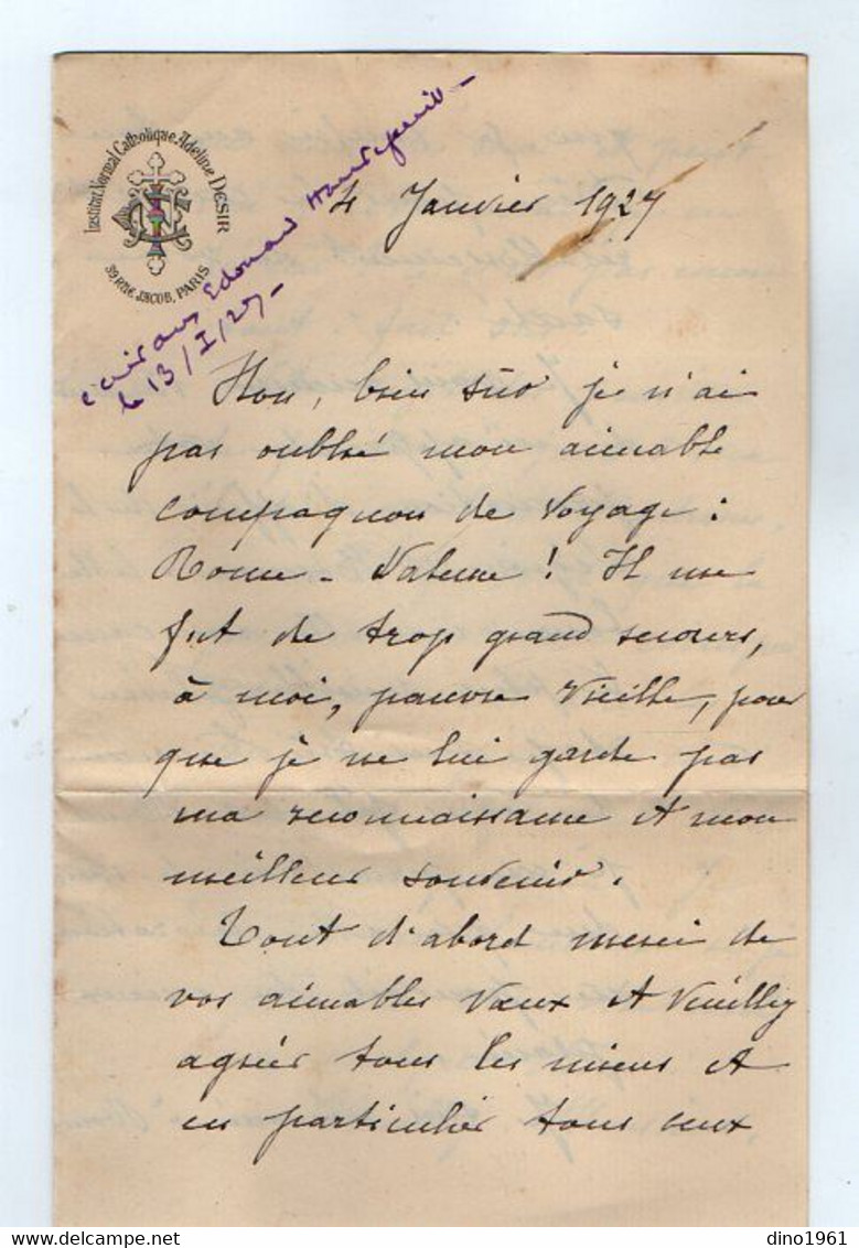 VP19.709 - PARIS 1927 - Lettre - Institut Normal Catholique Adeline DESIR - Mr GUYARD à Mr DELEON .....Légion D'Honneur - Religion & Esotérisme