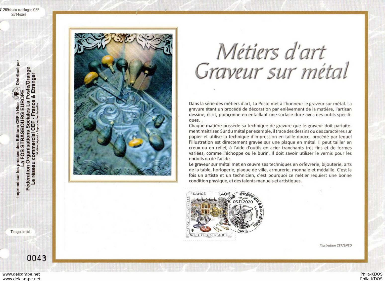 2020 " LES METIERS D'ART : GRAVEUR SUR METAL " Sur Feuillet CEF Soie N° YT 5454. Parf état FDC A SAISIR  (N° 45) - 2020-…