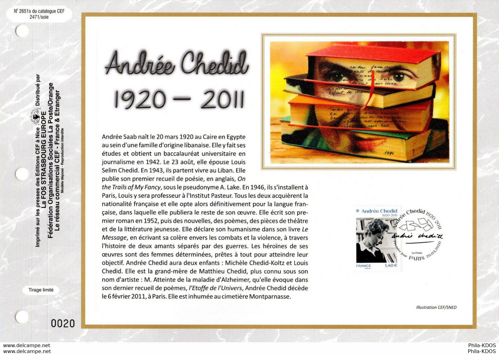 2020 : " ANDREE CHEDID " Sur Feuillet CEF 1er Jour Sur Soie. N° YT 5388 . Parfait état FDC - 2020-…