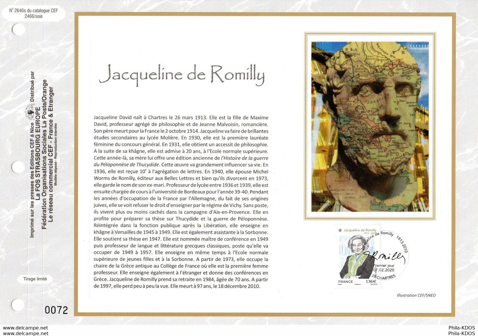 2020 : " JACQUELINE DE ROMILLY " Sur Feuillet CEF 1er Jour Sur Soie N° YT 5380. FDC - 2020-…
