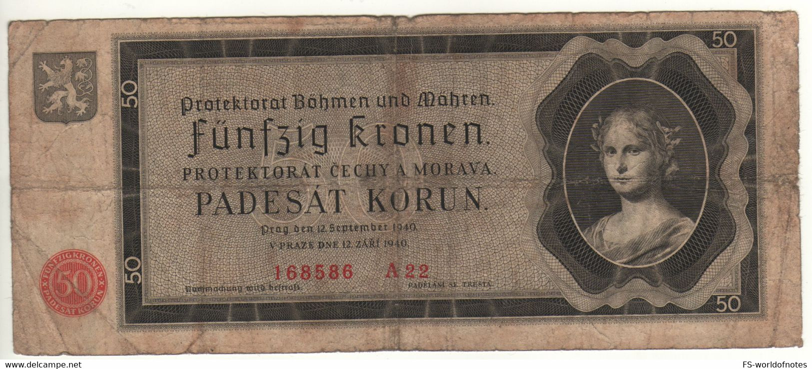 Bohemia & Moravia  50 Korun    P5a    (dated 12.09.1940)   " Girl + Arms At Back " - Tchécoslovaquie