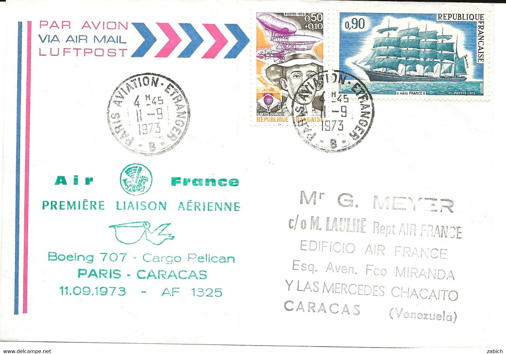 FRANCE VOL  PARIS CARACAS 11 9 1973 - 1940-1949