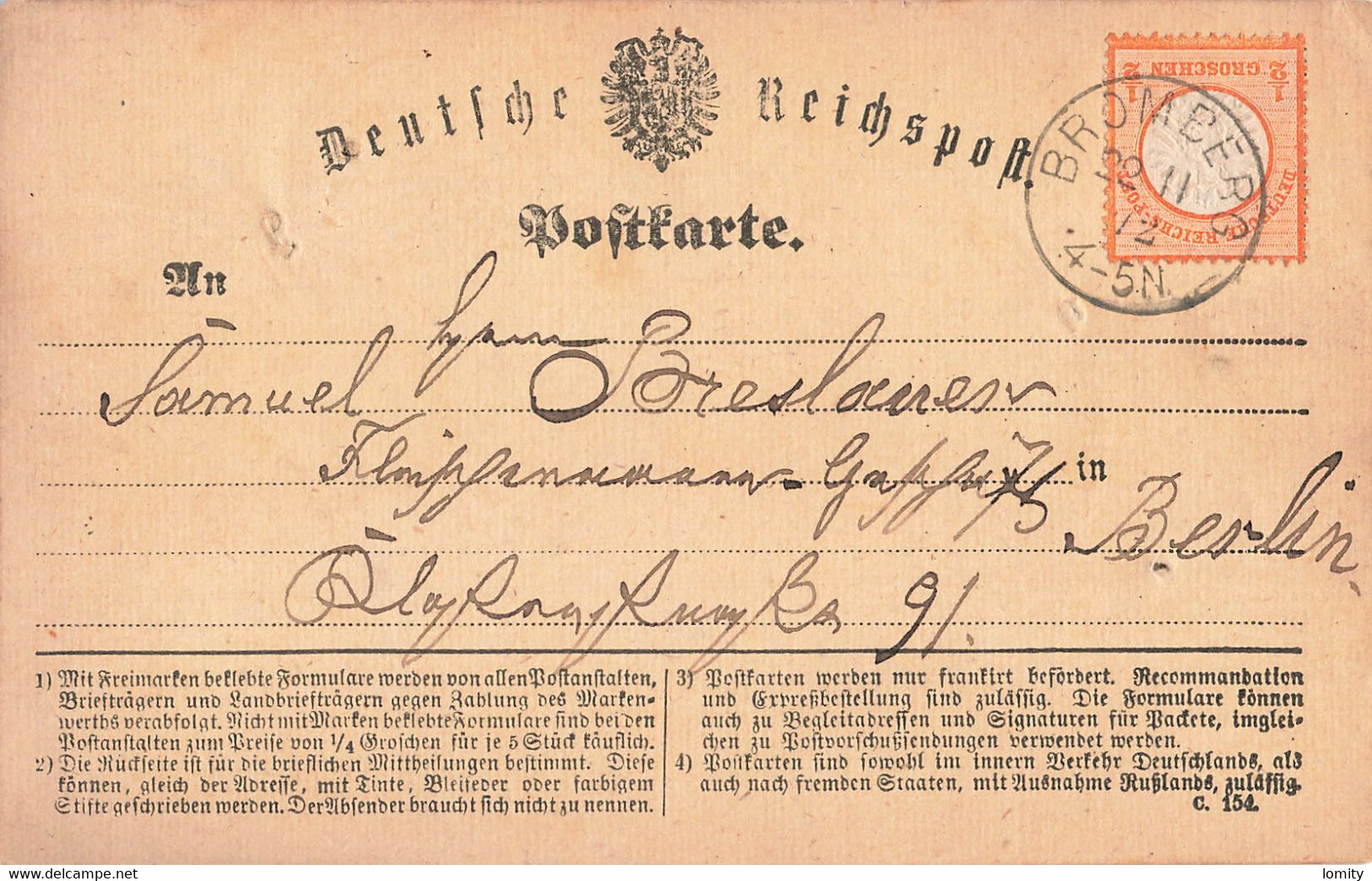 Allemagne Empire Allemand N°15 Sur Carte Cachet 1872 Bromberg Deutsche Reich Post - Brieven En Documenten