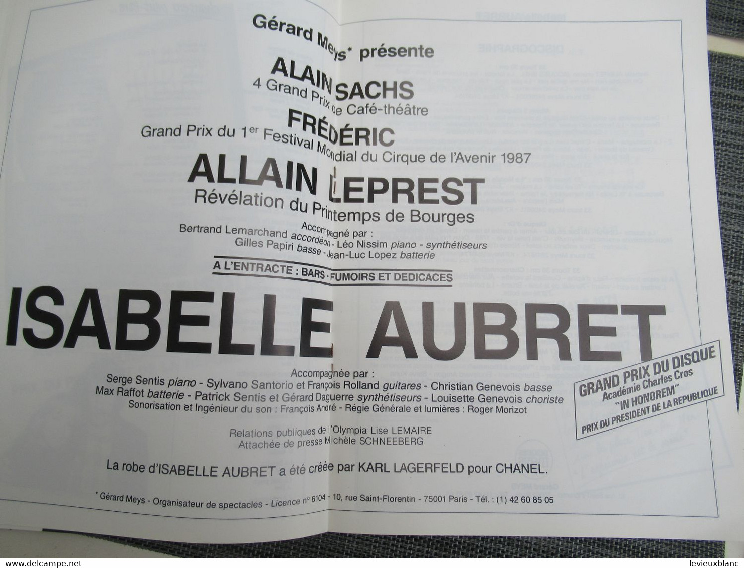 Plaquette de présentation de Tournée/Isabelle AUBRET /" A l'Olympia "/ Bruno Coquatrix /1987        PROG304