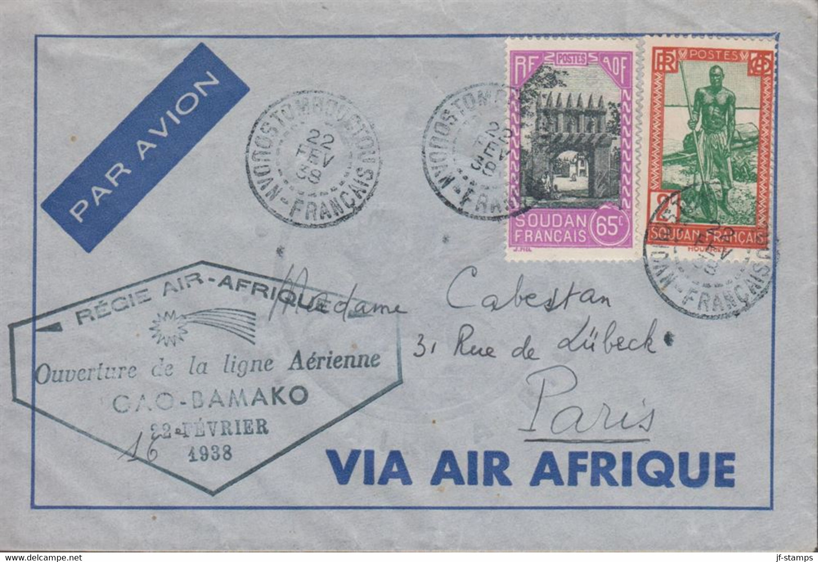 1938. SOUDAN FRANCAIS. Beautiful First Flight Cover REGIE AIR-AFRIQUE Ouverture De La Lig... (Michel 78 + 94) - JF430419 - 1915-1921 Protettorato Britannico