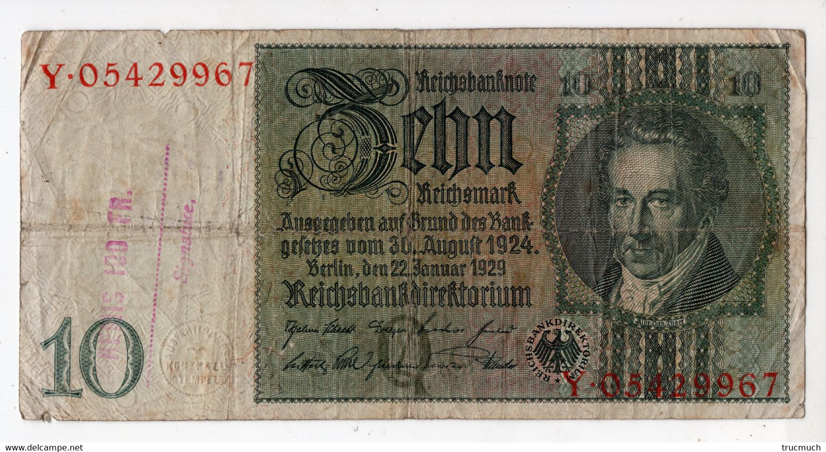 46 - ALLEMAGNE - 10 Mark - 22.01.1929    *surcharge "REMIS 100 FR - Signature " - 10 Mark