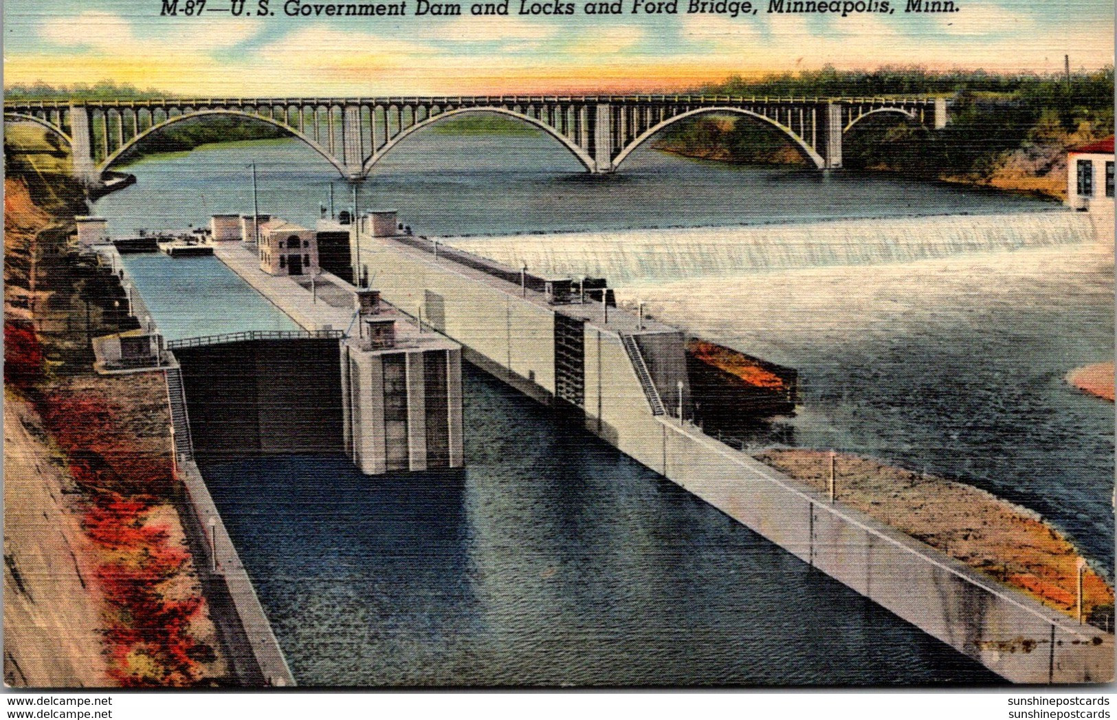 Minnesota Minneapolis U S Government Dam And Locks And Ford Bridge 1950 Curteich - Minneapolis