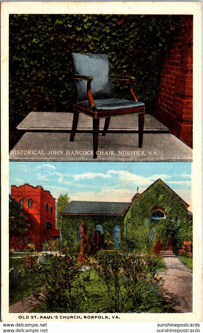 Virginia Norfolk Historical John Hancock Chair & Old St Paul's Church 1911 Curteich - Norfolk