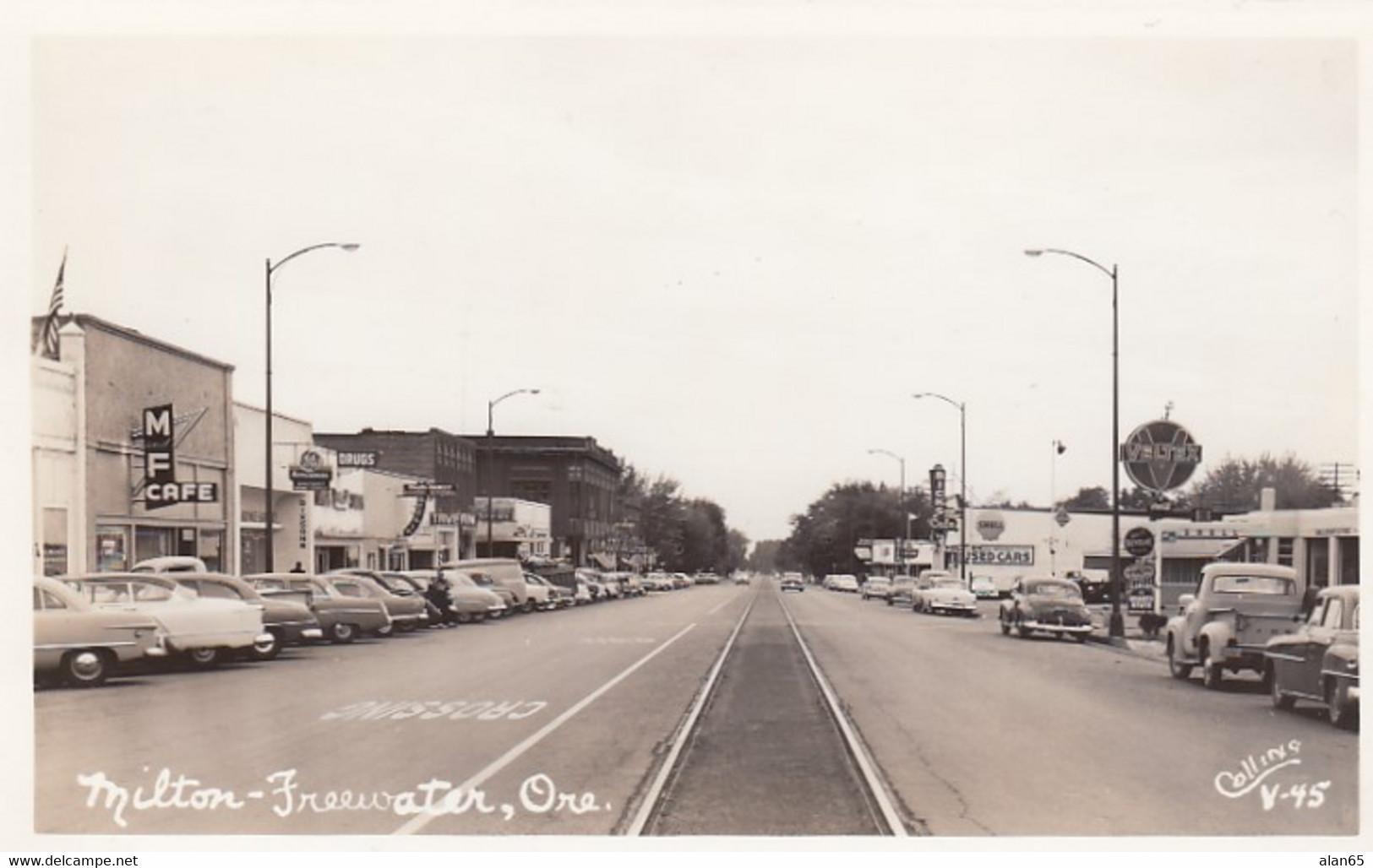 Milton-Freewater Oregon Busy Street Scene, Business Signs Shell Gas Station Buick Auto Sales C1950s Real Photo Postcard - Otros & Sin Clasificación