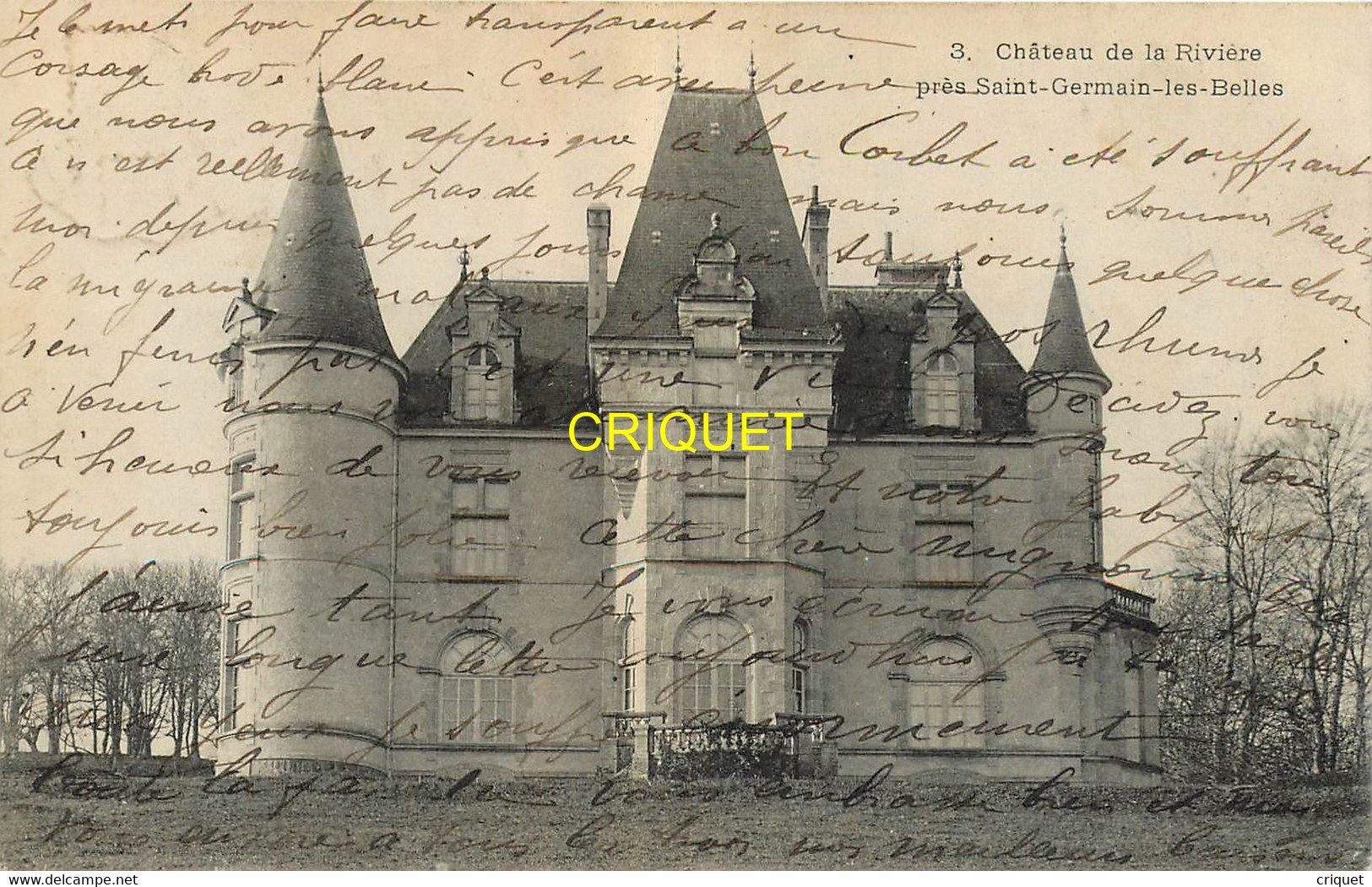 87 St Germain Les Belles, Chateau De La Rivière, Beau Plan, Affranchie Ambulant Brive-Limoges 1906 - Saint Germain Les Belles